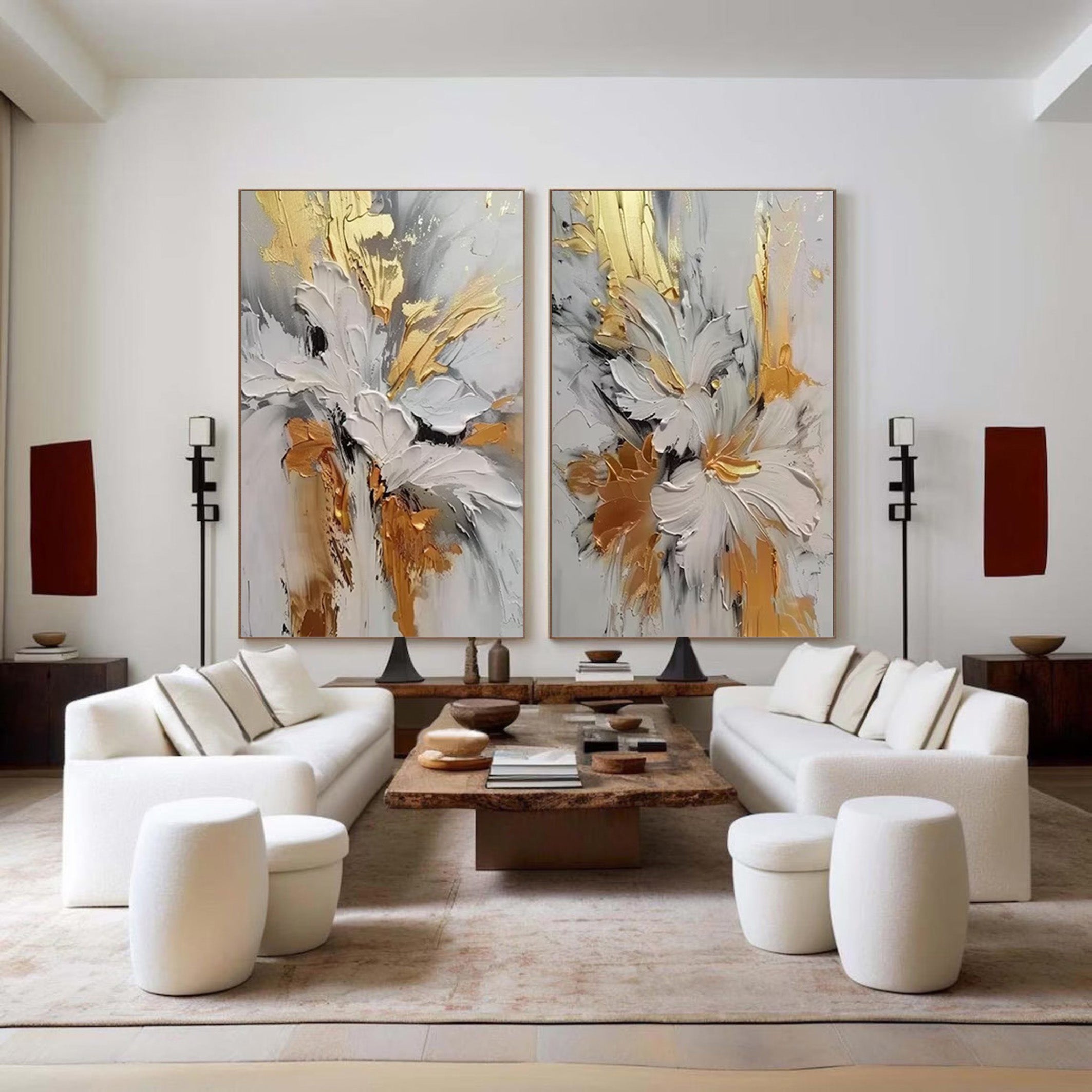 Gilded Bloom: Set of Two 3D Floral Art, Gold Accent Texture #BGA 214