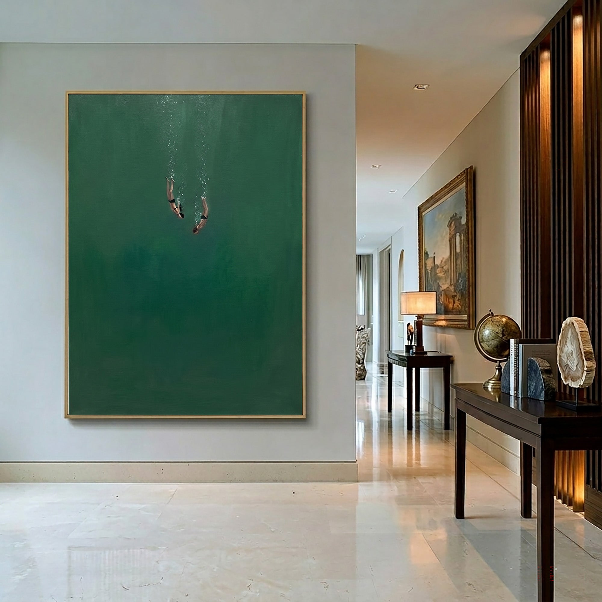 Large Minimalist Underwater Diver Wall Art Contemporary Ocean Painting