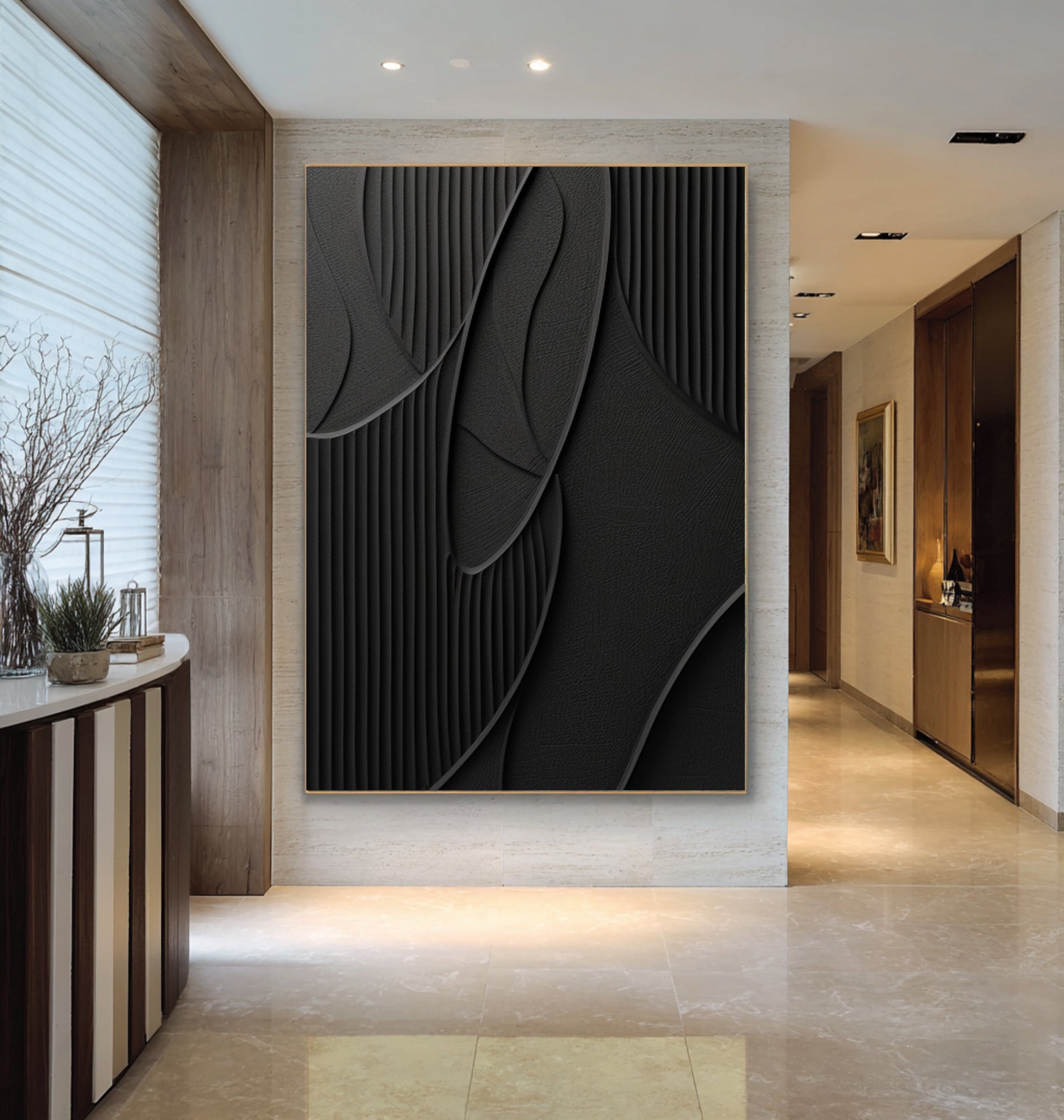 Large Modern Abstract Oil Painting, Black Textured Luxury Wall Art for Contemporary Interiors #WAC 016
