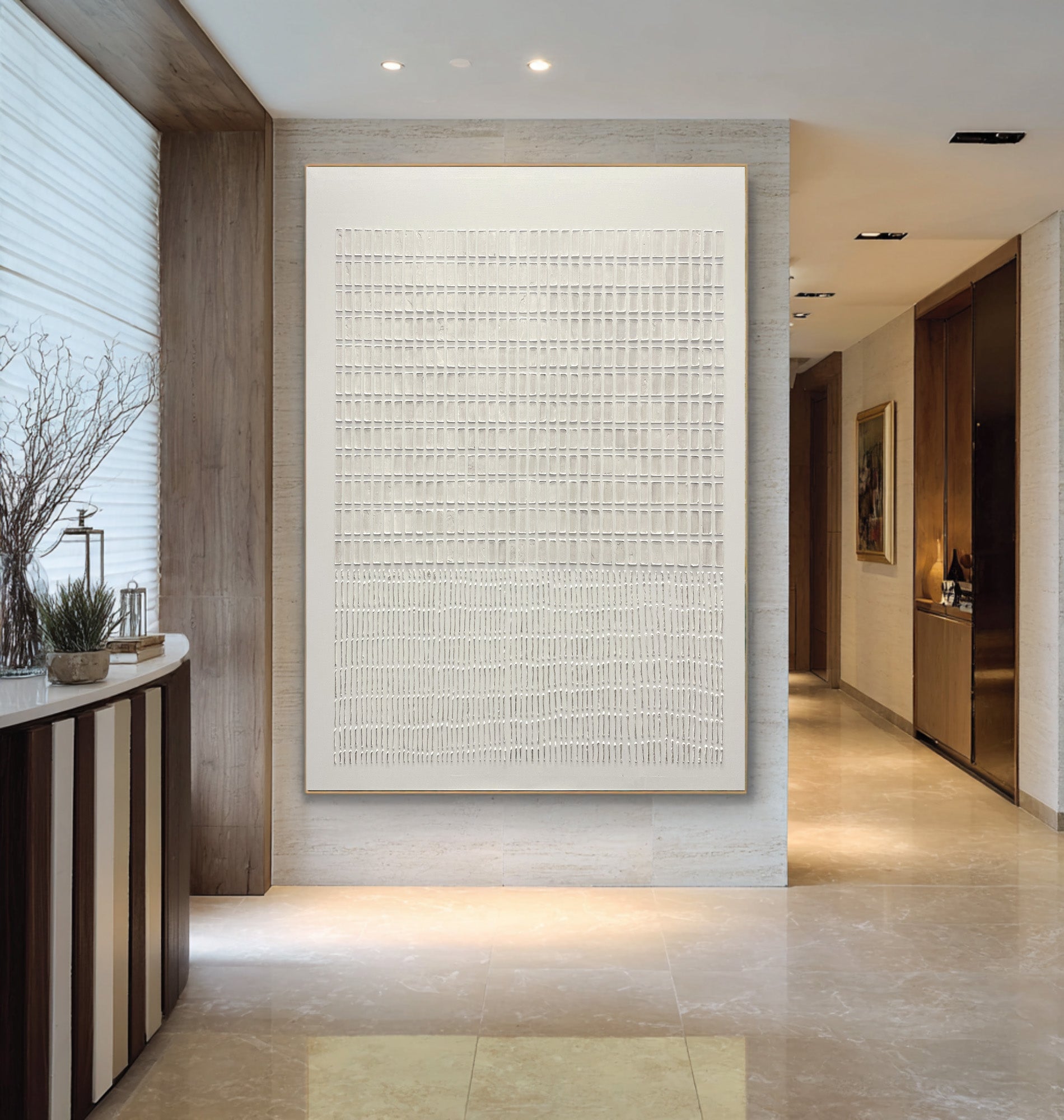 Large Modern Abstract Oil Painting, Beige Textured Grid Luxury Wall Art for Living Room #WAC 024