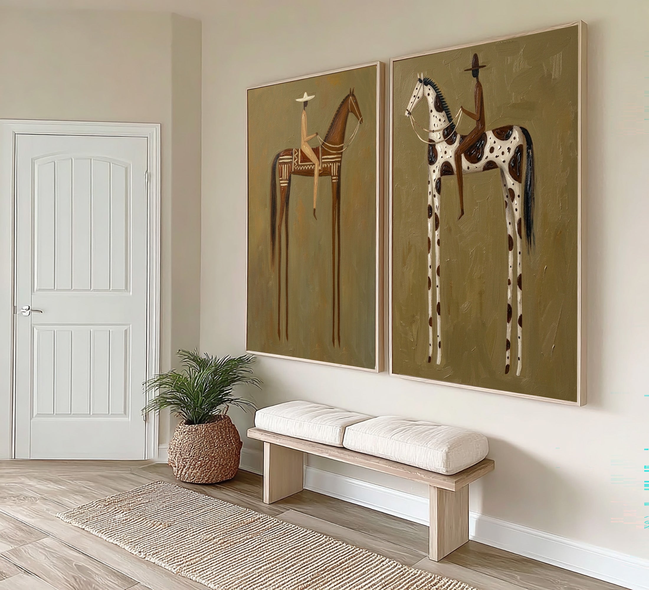 Large Contemporary Cowboy Horse Wall Art Minimalist Western Canvas Diptych
