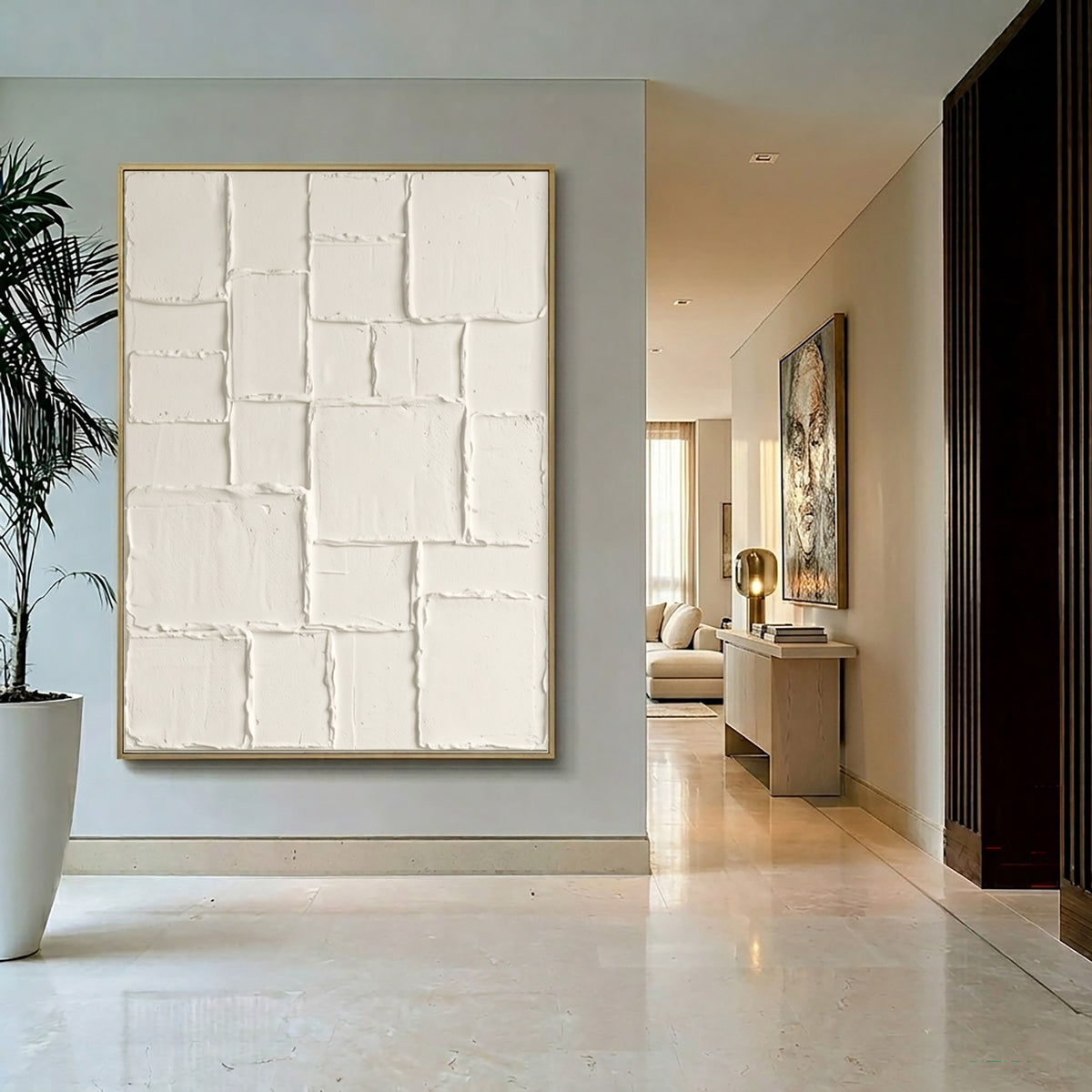 Large Neutral Geometric Patchwork Relief Wall Art Ivory Cream Abstract Oil Painting Raised Rectangular Blocks Textured Sculptural Artwork Modern Minimalist Luxury Home Decor
