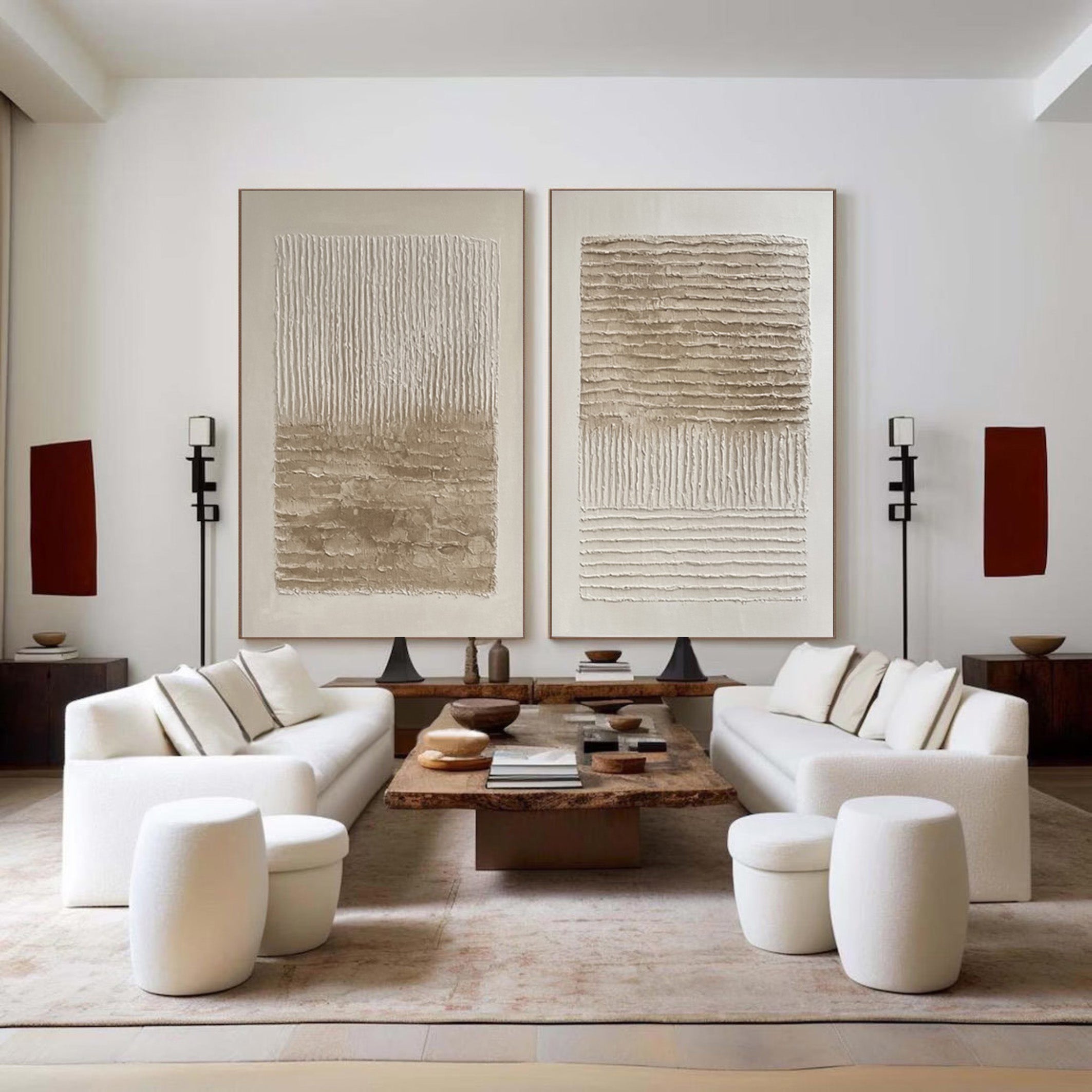 Minimalist Abstract Diptych in Neutral Linear Relief #BGA 276