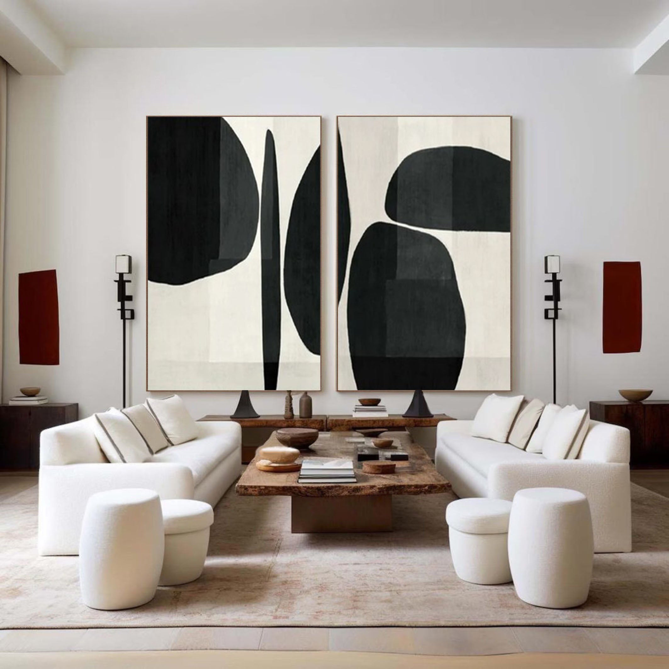Elegant Minimalist Abstract Art Diptych Black and White Canvas Set #BWS 013