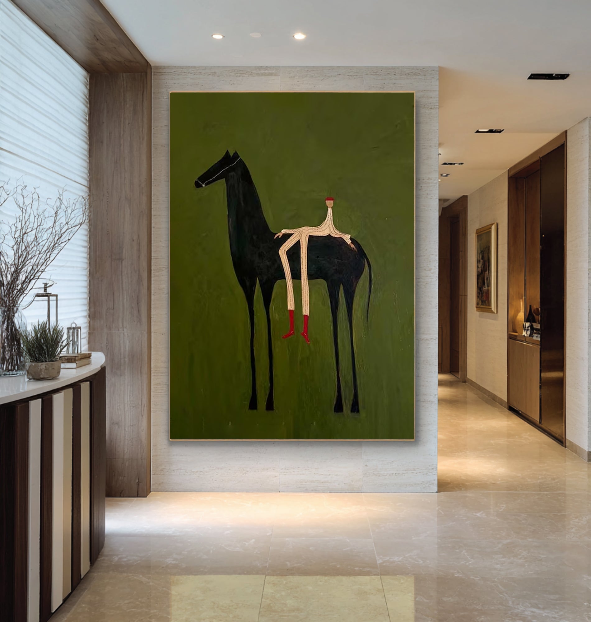 Large Abstract Horse Painting Green Minimalist Figurative Wall Art