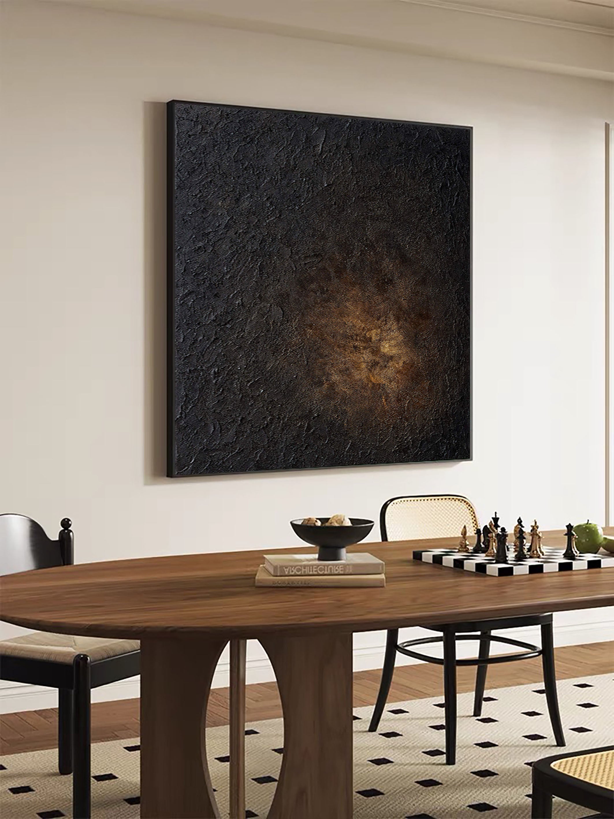 Black Impasto Canvas with Warm Glow, Square Abstraction #BGA 124