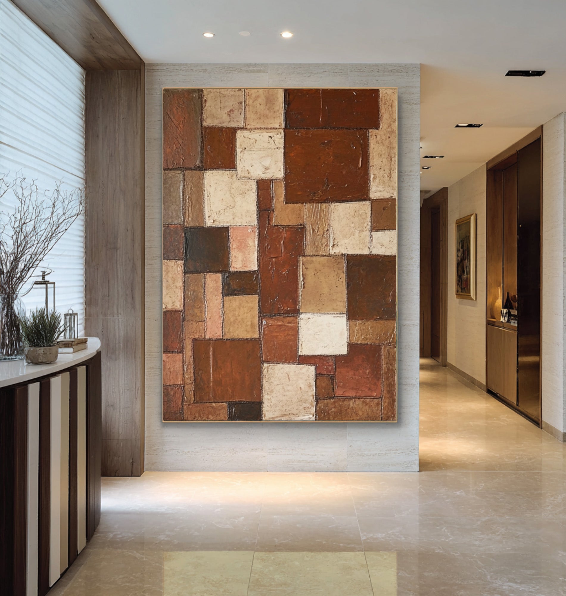 Large Geometric Abstract Oil Painting in Earth Tones, Vertical Contemporary Wall Art for Entryway #WAC 003