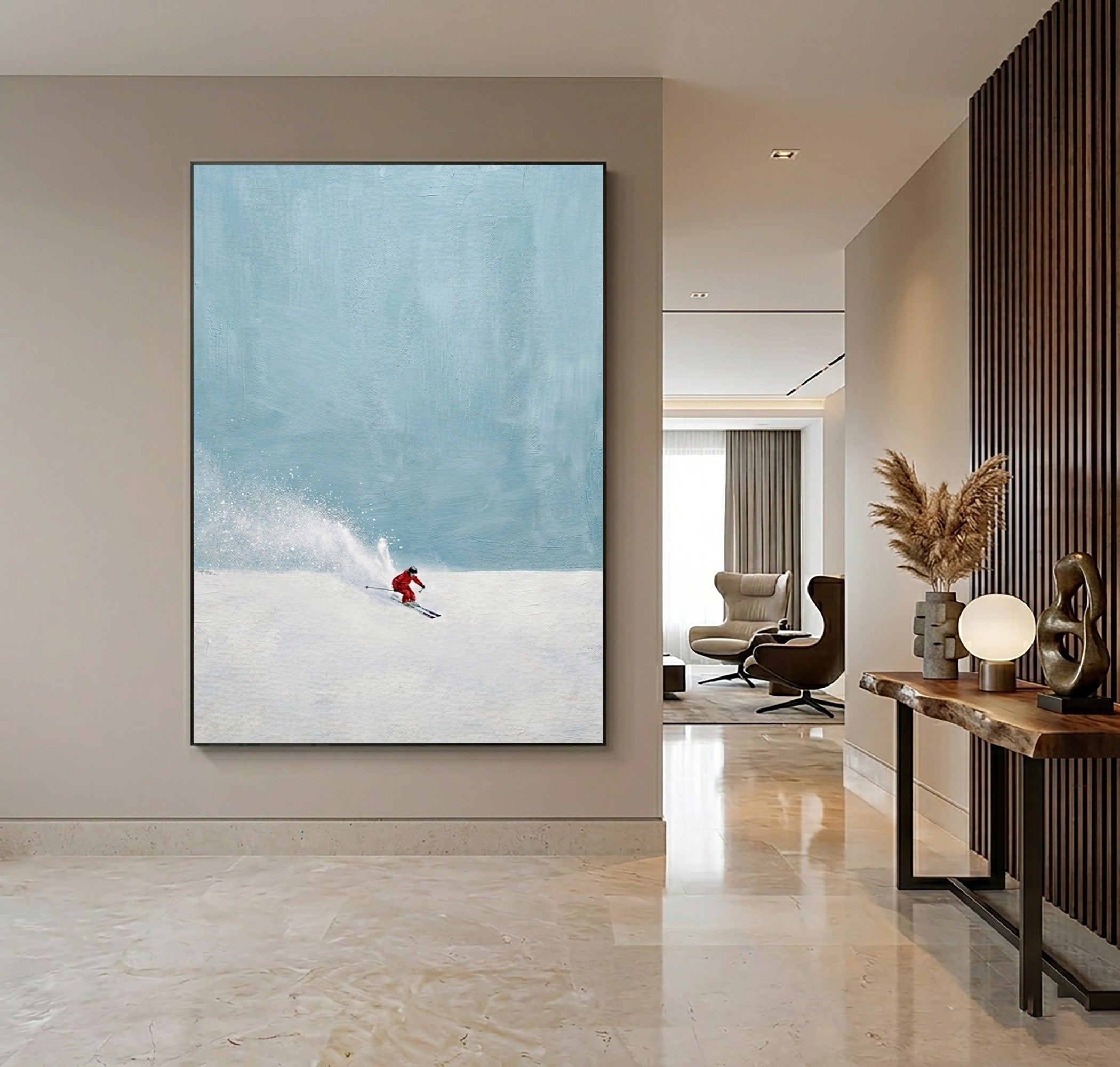 Large Contemporary Ski Wall Art Minimalist Snow Landscape Canvas Painting
