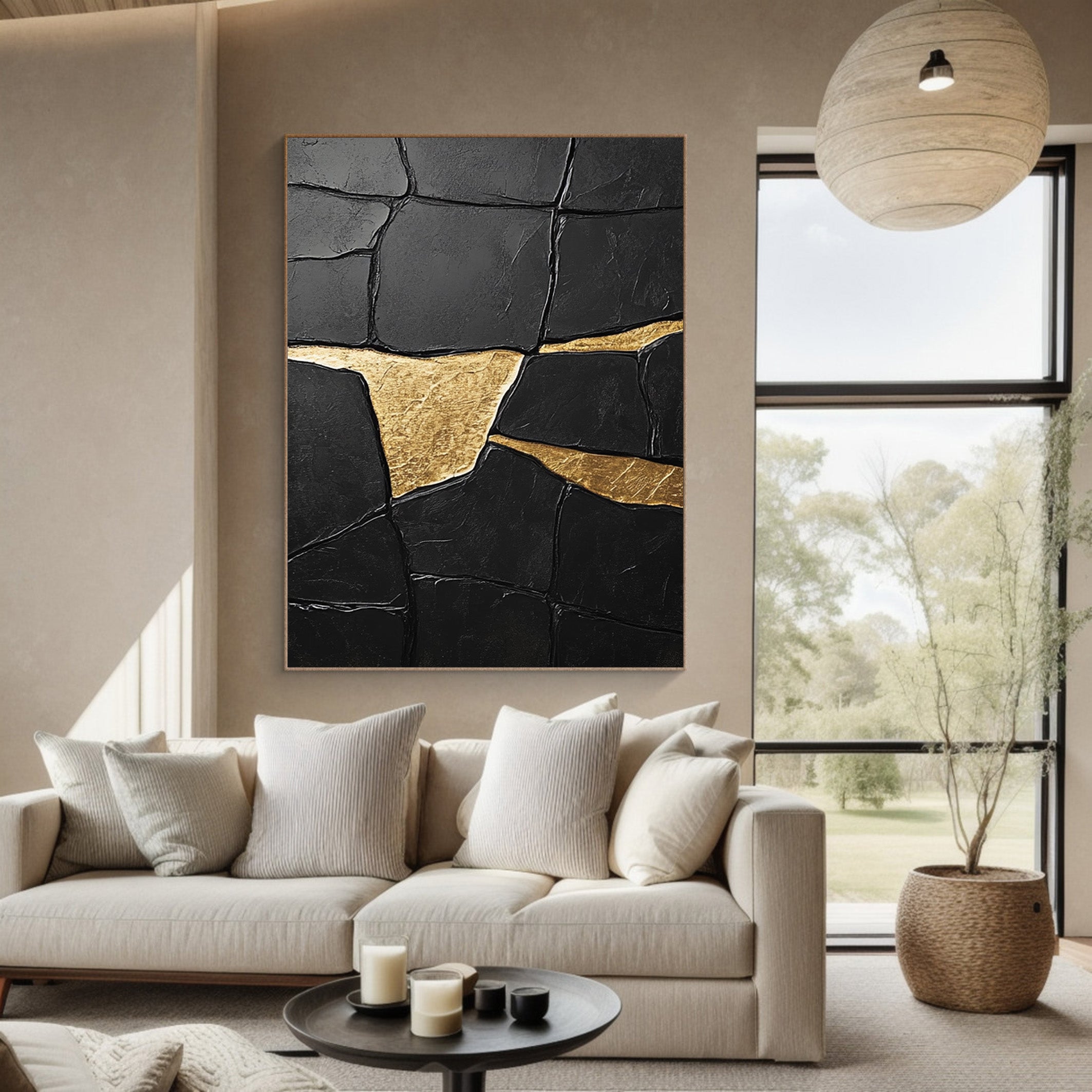 Black Impasto Art with Bold Golden Fractures, Textured Abstract #BGA 267