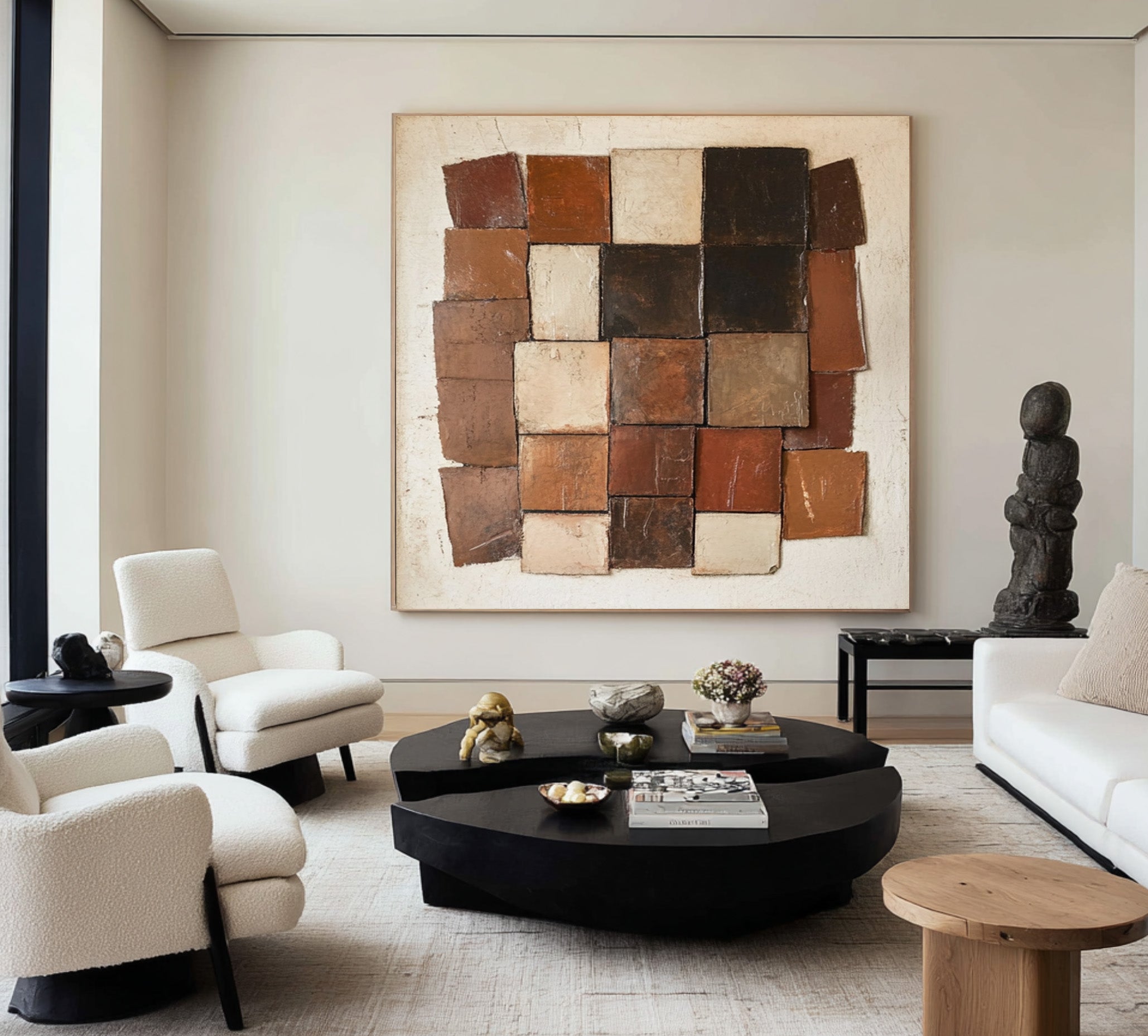 Large Textured Abstract Oil Painting in Earth Tones, Geometric Modern Wall Art for Living Room #WAC 007