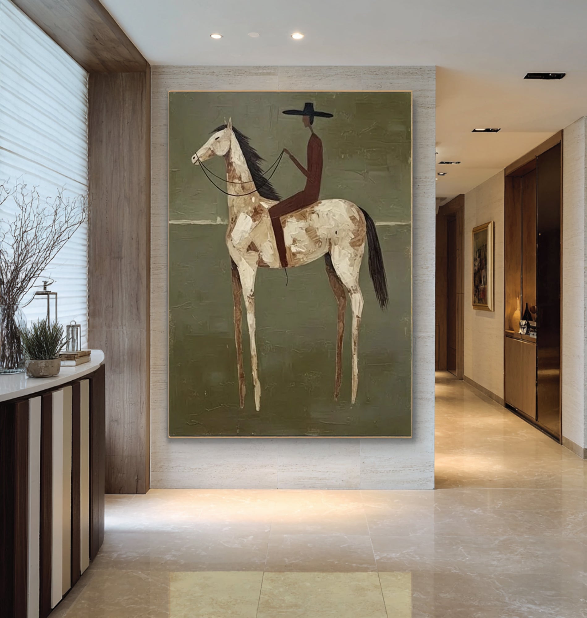 Large Minimalist Horse Rider Painting Contemporary Olive Green Wall Decor
