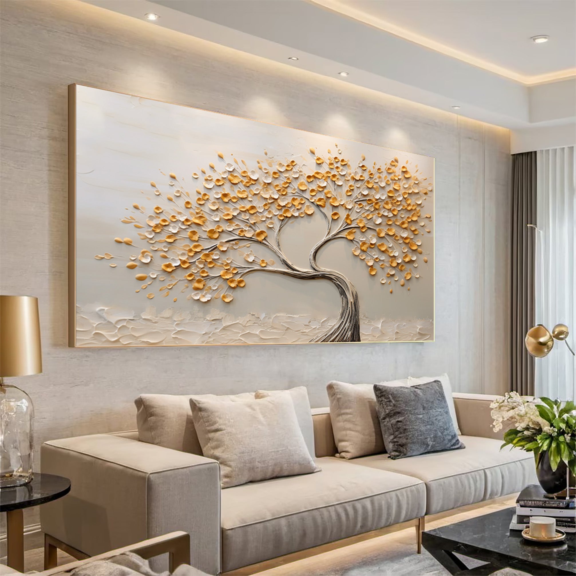 Serene Landscape Painting Abstract Golden Tree Canvas #WG 090