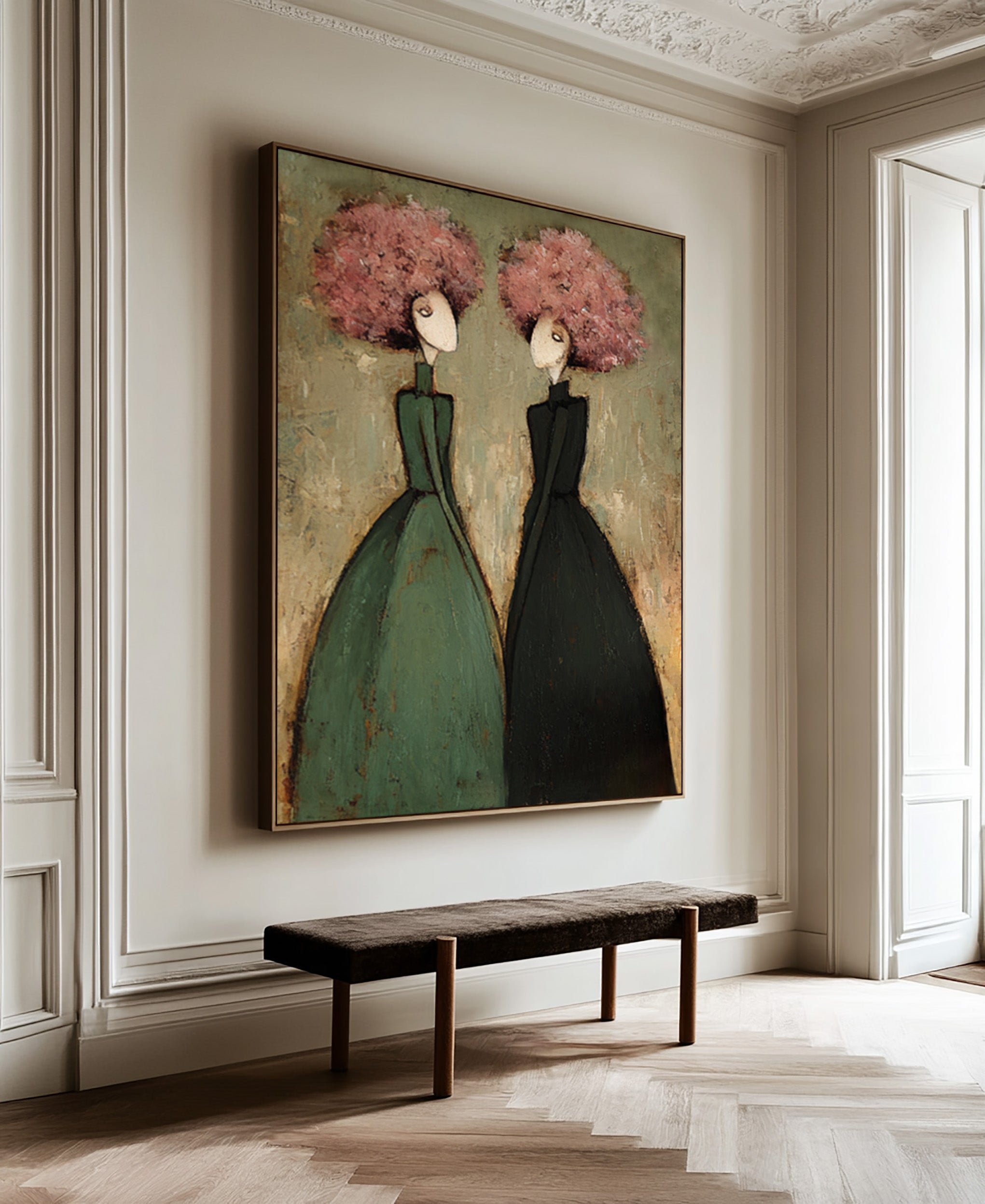 Large Contemporary Portrait Oil Painting on Canvas – Green and Pink Modern Wall Art #WAC 035