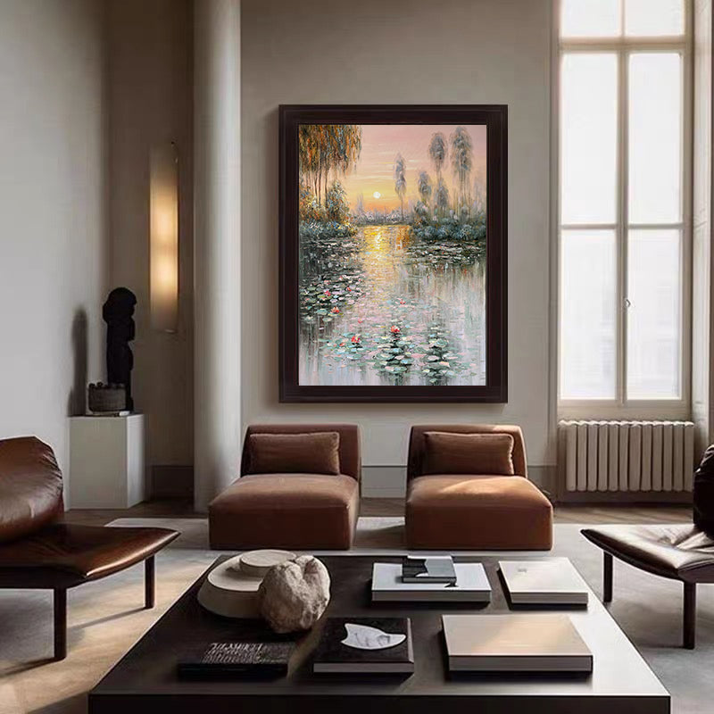 Sunset Bloom: Impressionistic Lily Pond, Vibrant Landscape Art #BGA 181