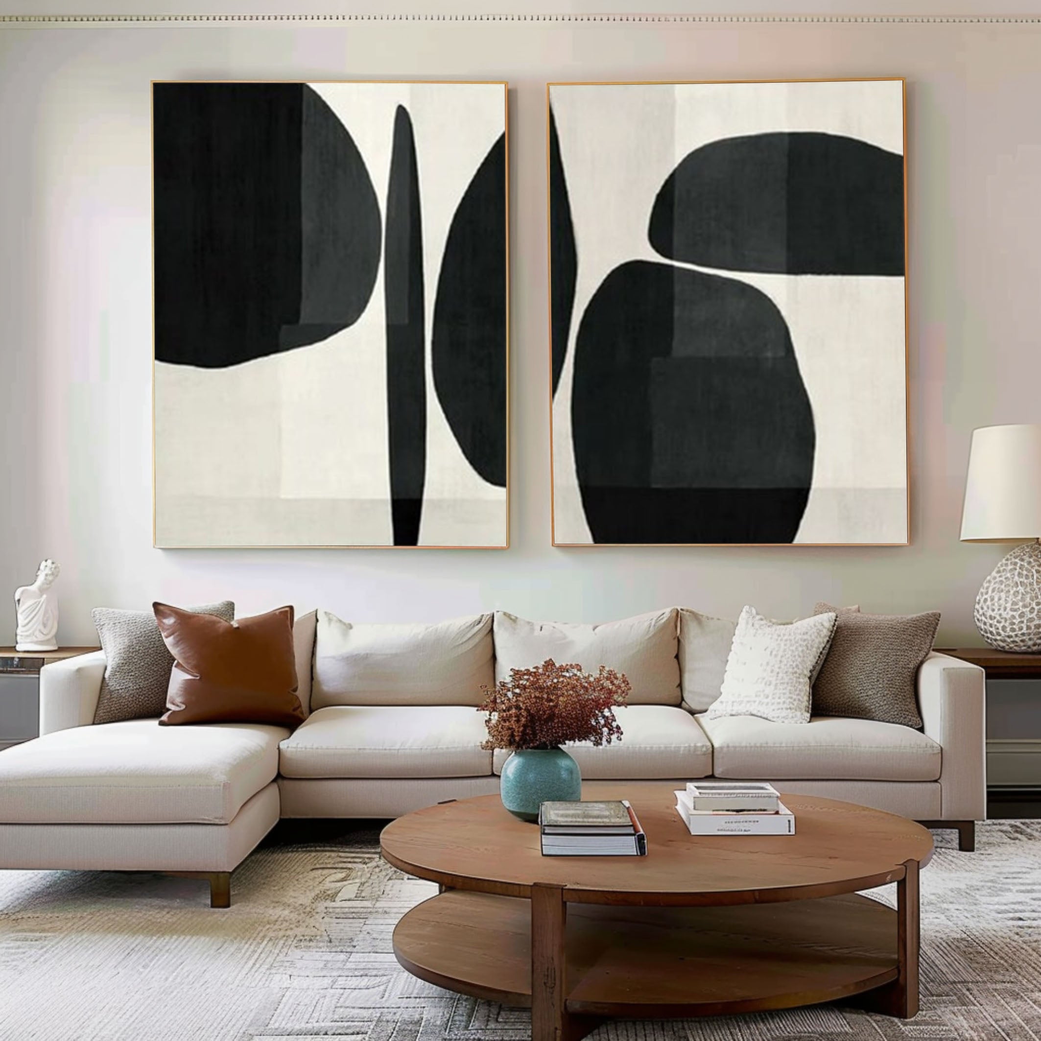 Elegant Minimalist Abstract Art Diptych Black and White Canvas Set #BWS 013