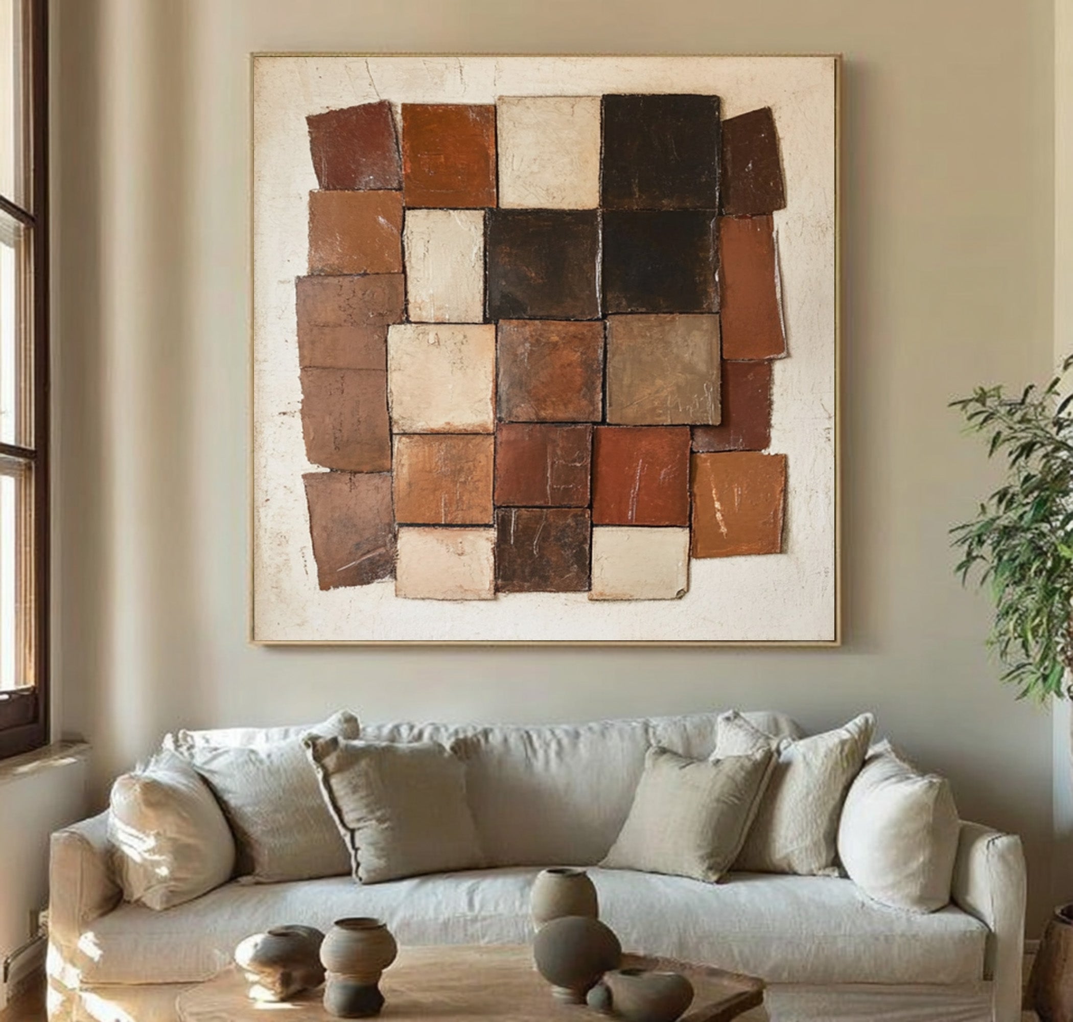 Large Textured Abstract Oil Painting in Earth Tones, Geometric Modern Wall Art for Living Room #WAC 007
