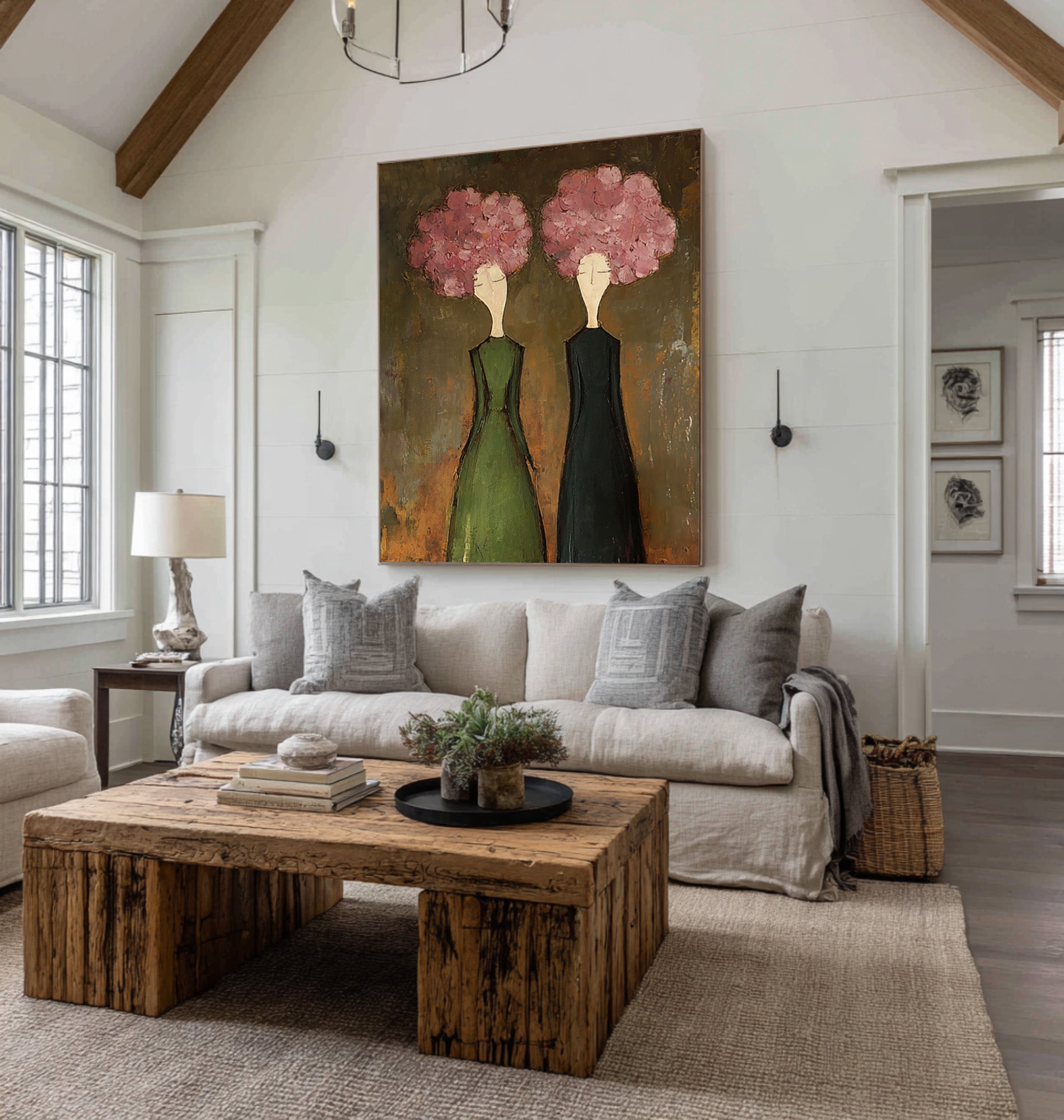 Large Modern Floral Portrait Oil Painting on Canvas – Green Dress Statement Wall Art #WAC 042