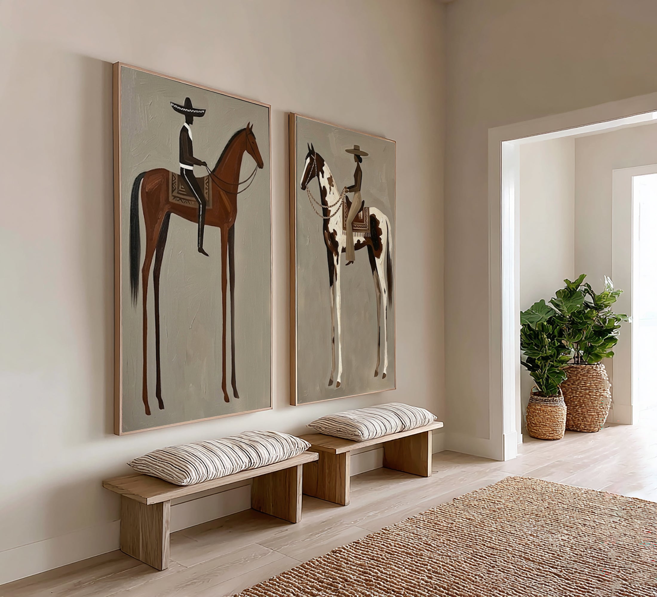 Large Cowboy Horse Wall Art Contemporary Western Diptych Canvas Painting