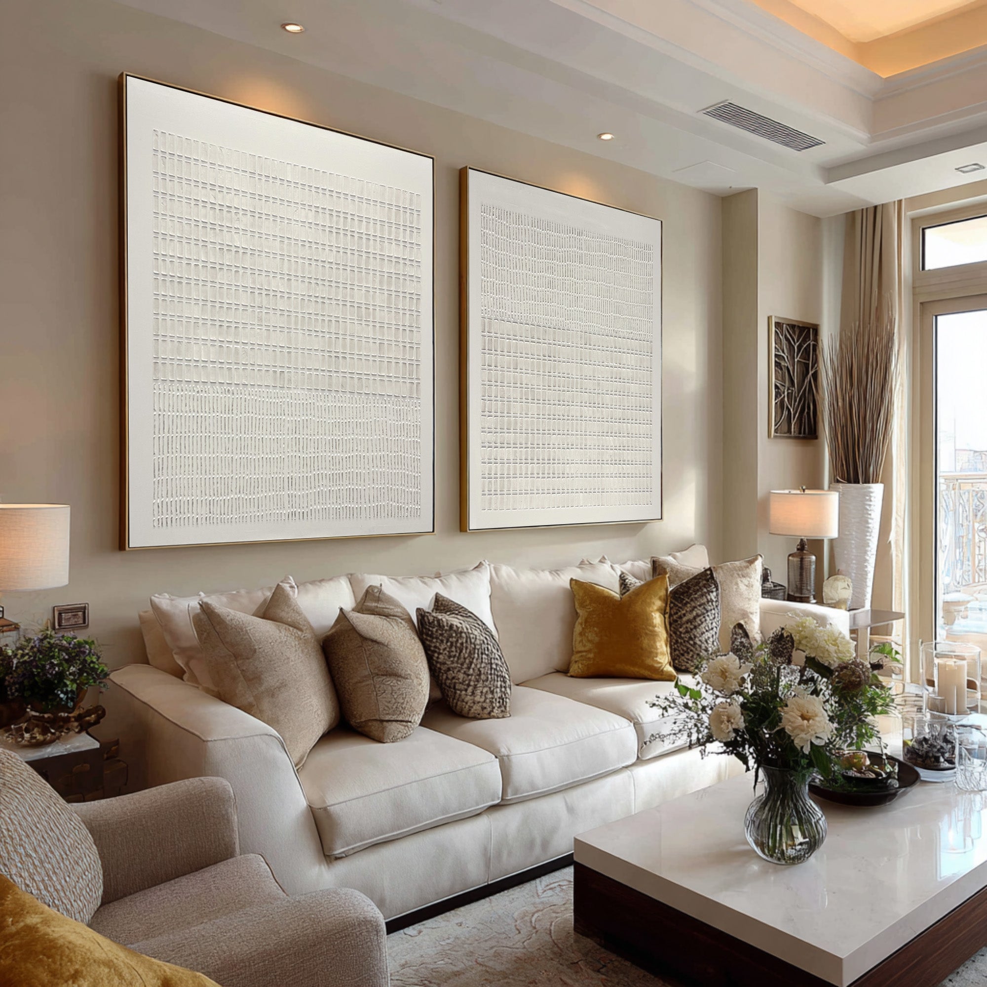 Large Minimal Abstract Oil Painting Set, Beige Grid Textured Wall Art for Living Room Decor #WAC 019