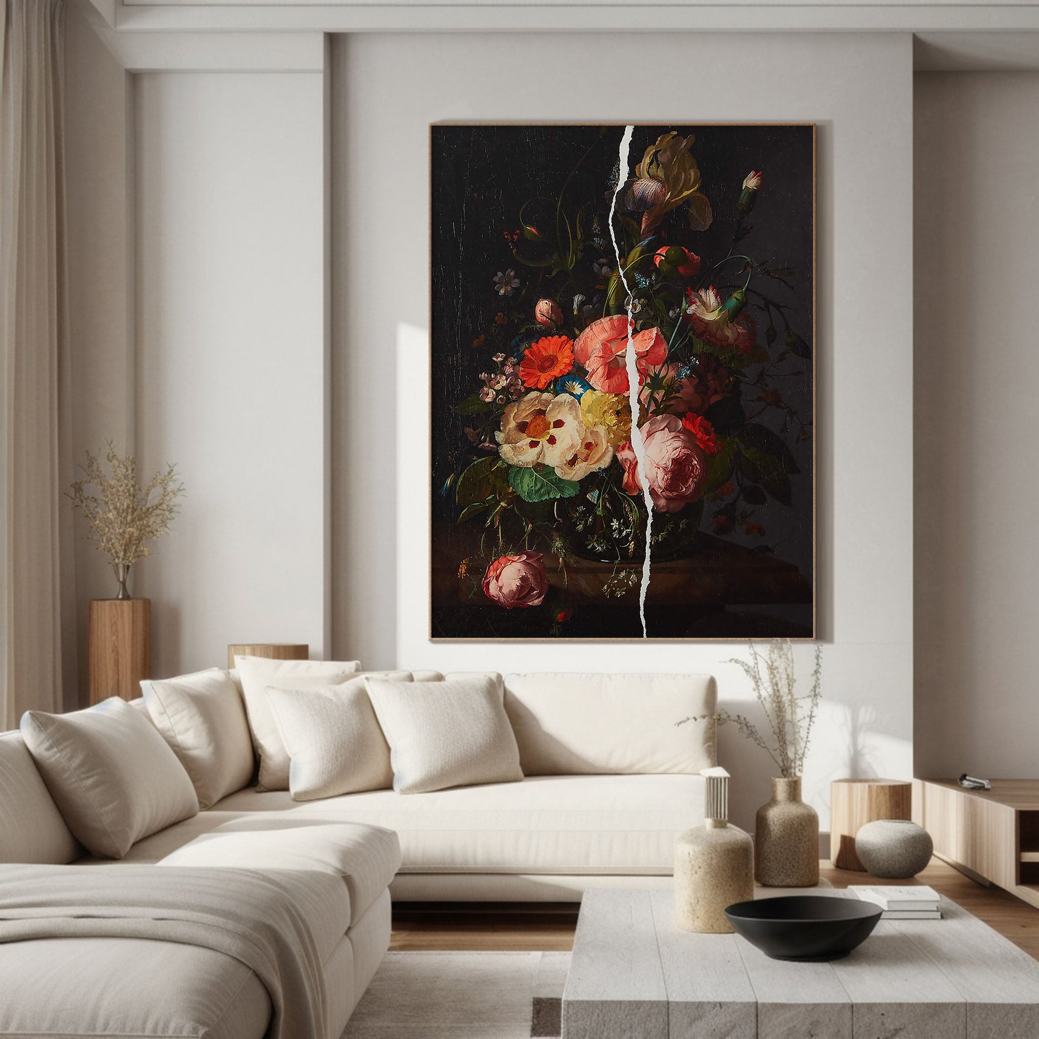 Colorful Flowers In Dark and White Crack, Contemporary Canvas #BGA 090