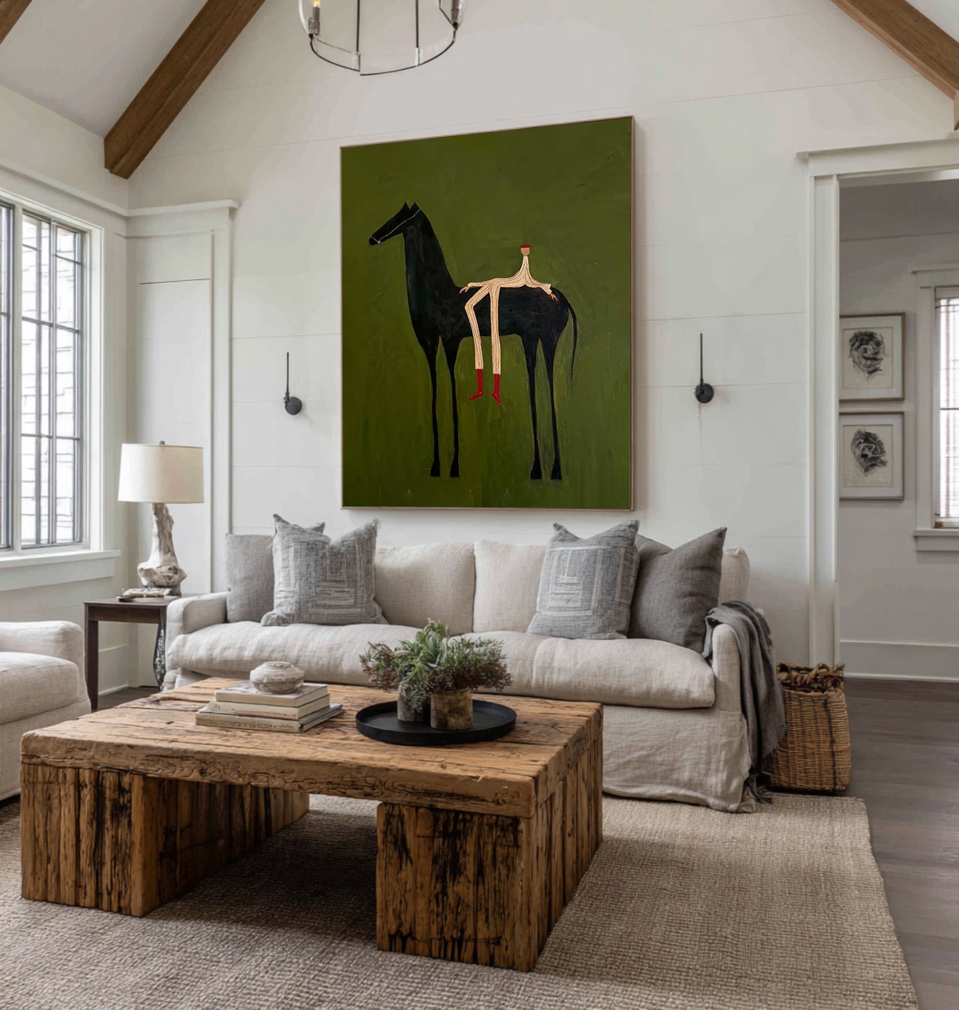 Large Abstract Horse Painting Green Minimalist Figurative Wall Art