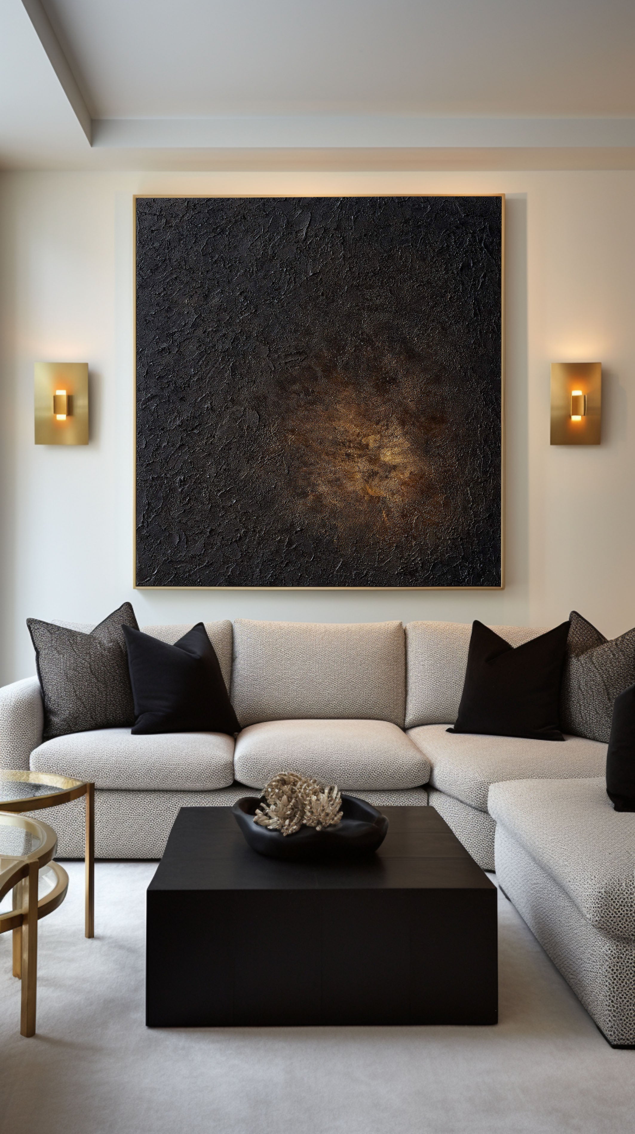 Black Impasto Canvas with Warm Glow, Square Abstraction #BGA 124