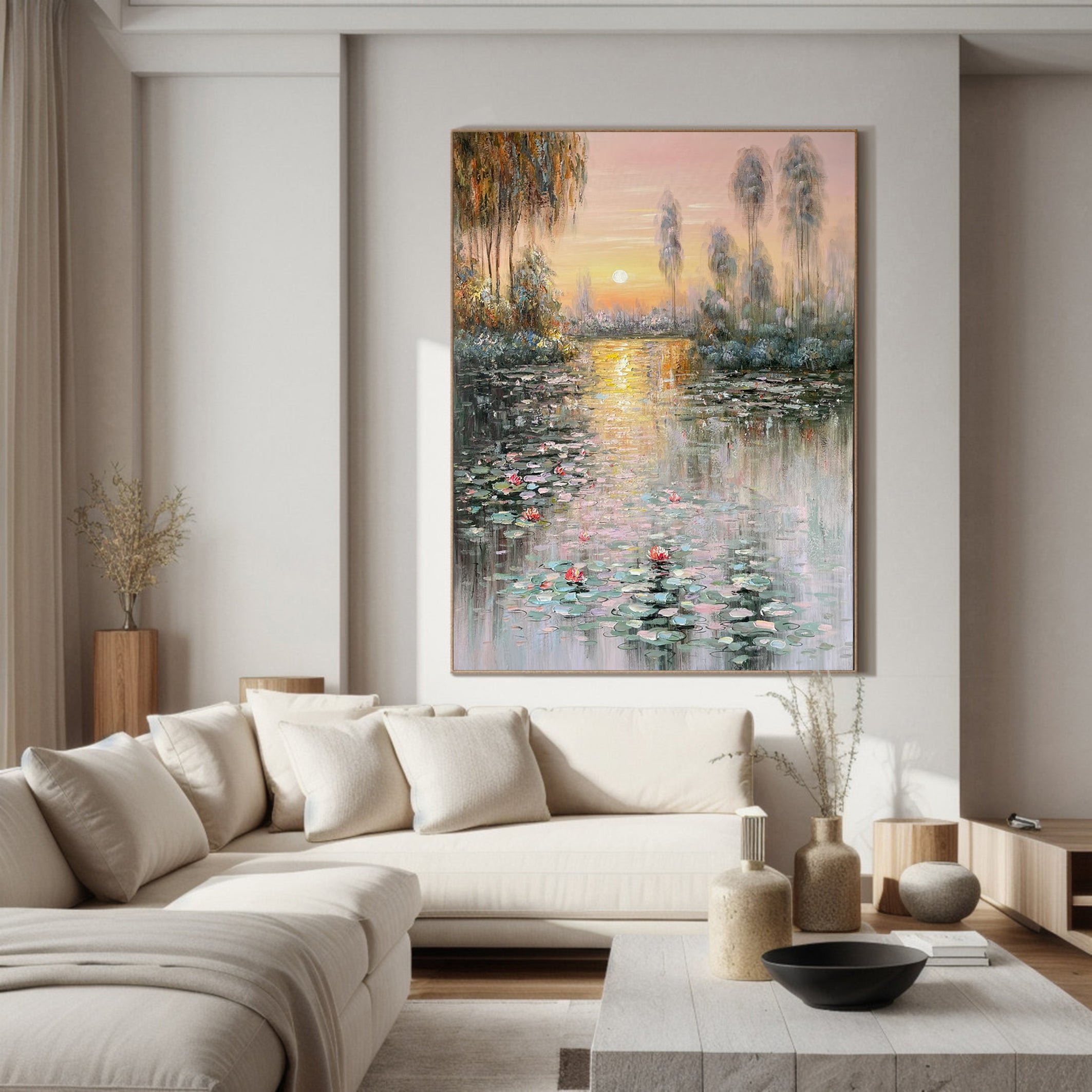 Sunset Bloom: Impressionistic Lily Pond, Vibrant Landscape Art #BGA 181