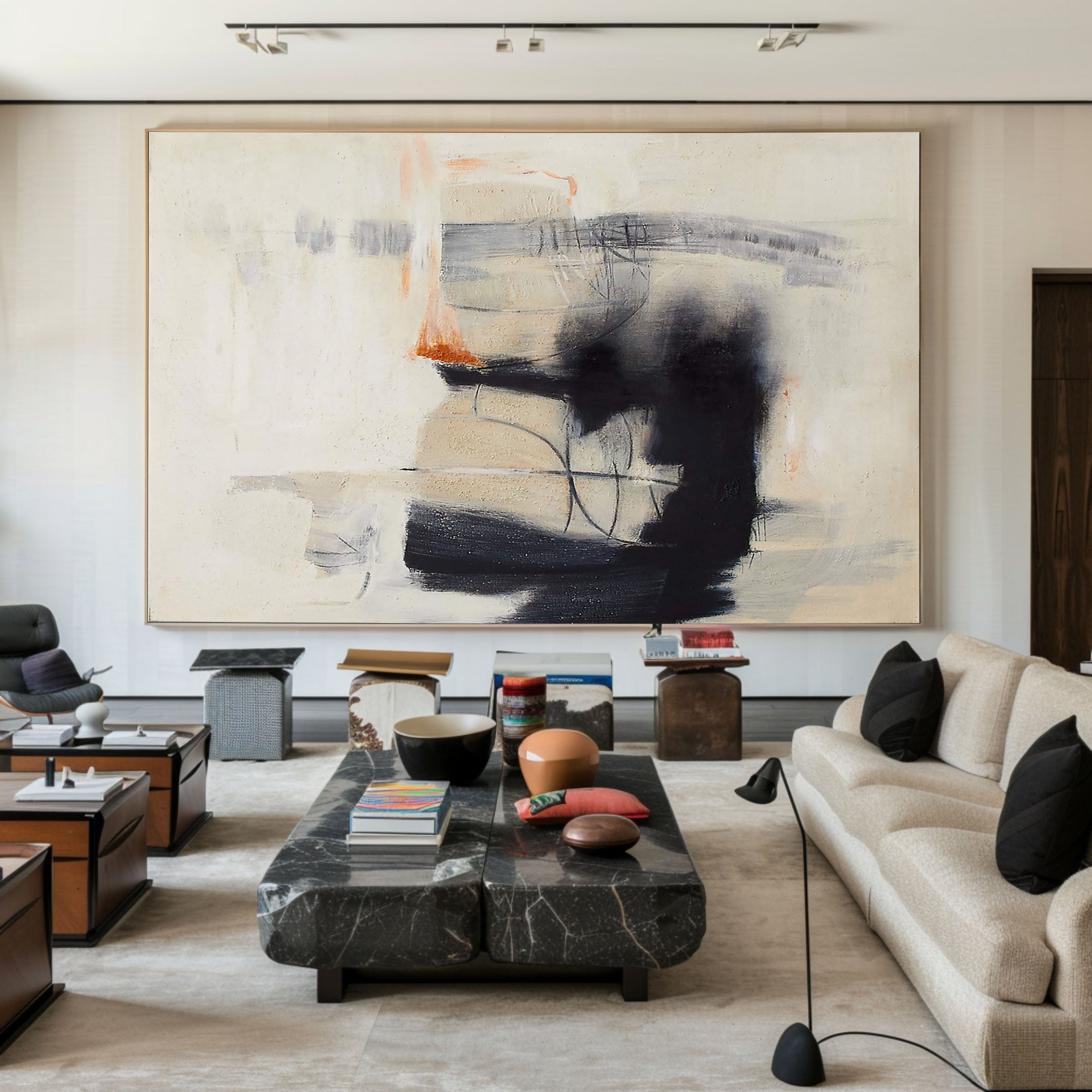 Horizontal Abstract with Dark Calligraphic Forms, Modern Wall Art #BGA 112