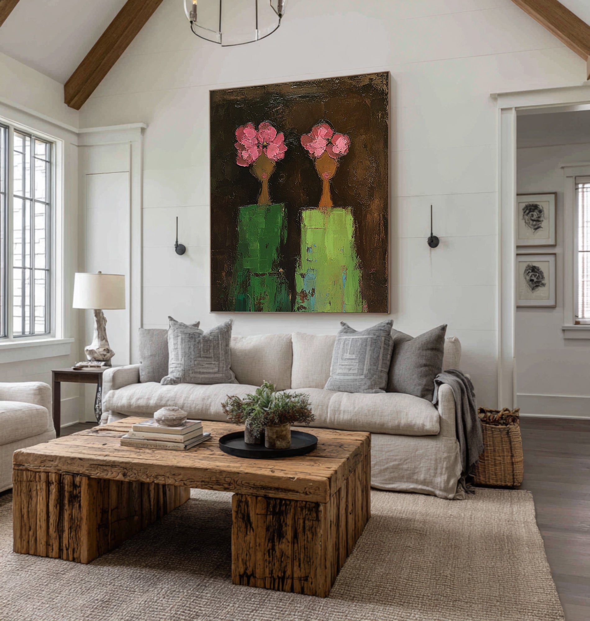 Large Modern Figurative Oil Painting on Canvas – Pink Floral Portrait Statement Wall Art #WAC 039