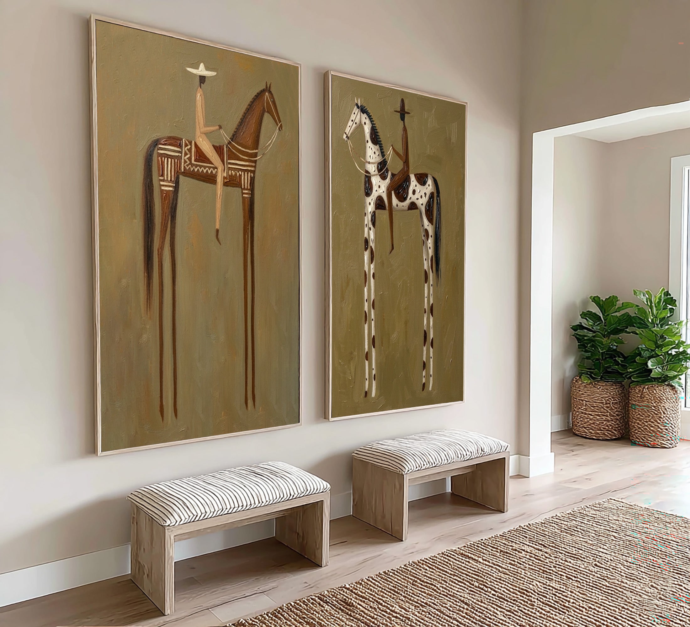 Large Contemporary Cowboy Horse Wall Art Minimalist Western Canvas Diptych