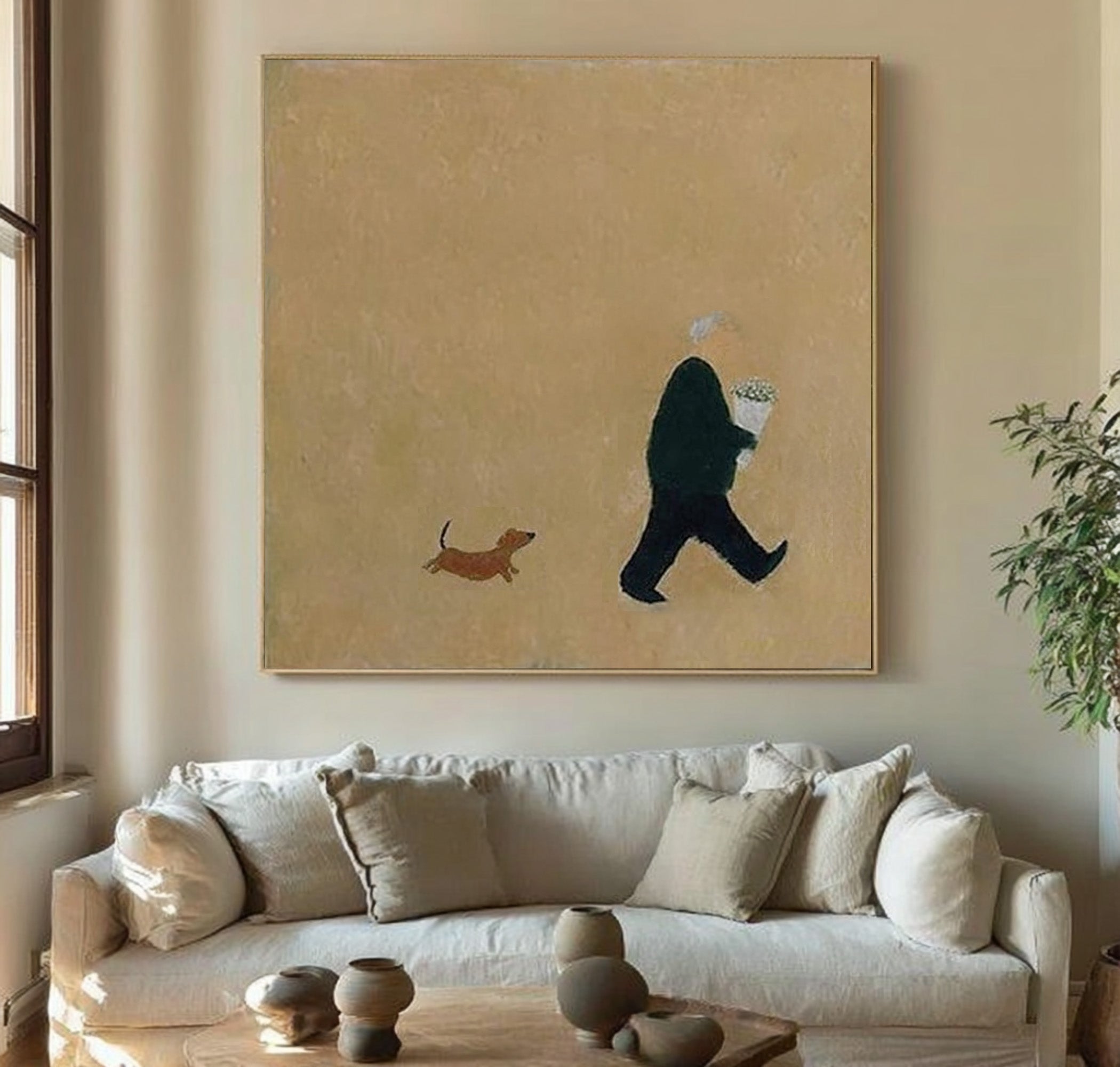 Large Minimalist Figure and Dog Abstract Oil Painting, Warm Modern Wall Art for Home Decor #WAC 015