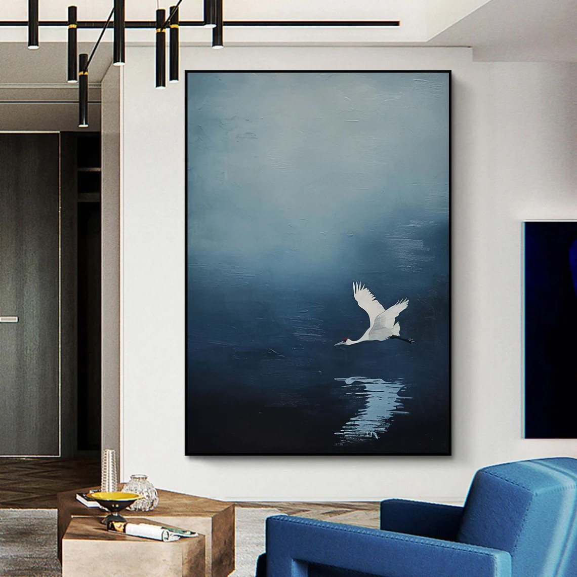 Tranquil Blue Minimalist Landscape Art With Crane in Flight #BGA 150