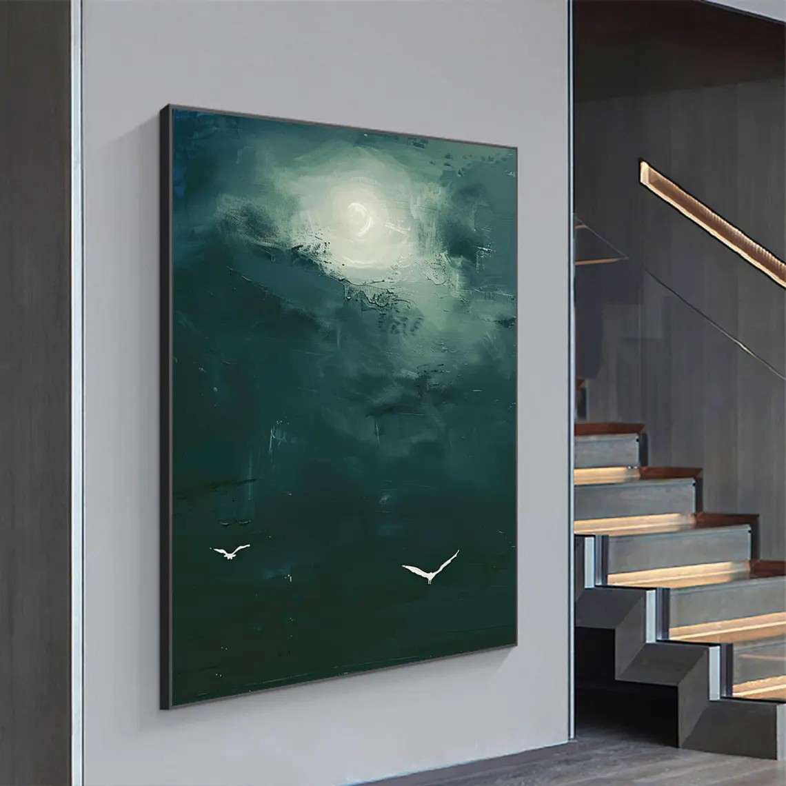 Modern Bird Art, Atmospheric Green Sky, Unique Wall Decor #BGA 149