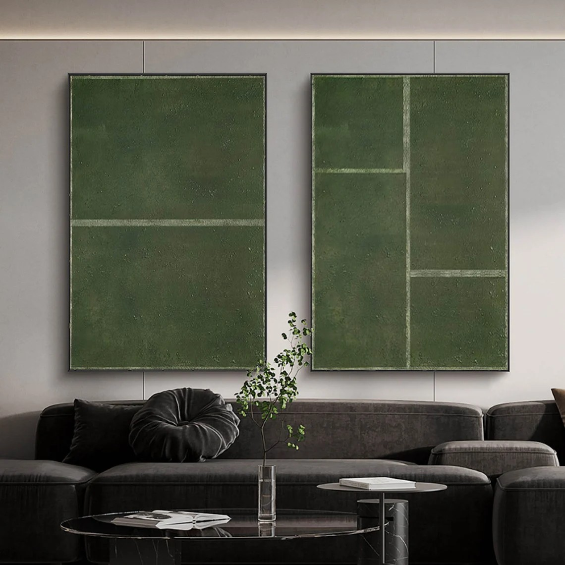 Green Geometric Diptych, Minimalist Abstract Art Set Of 2 #BGA 137
