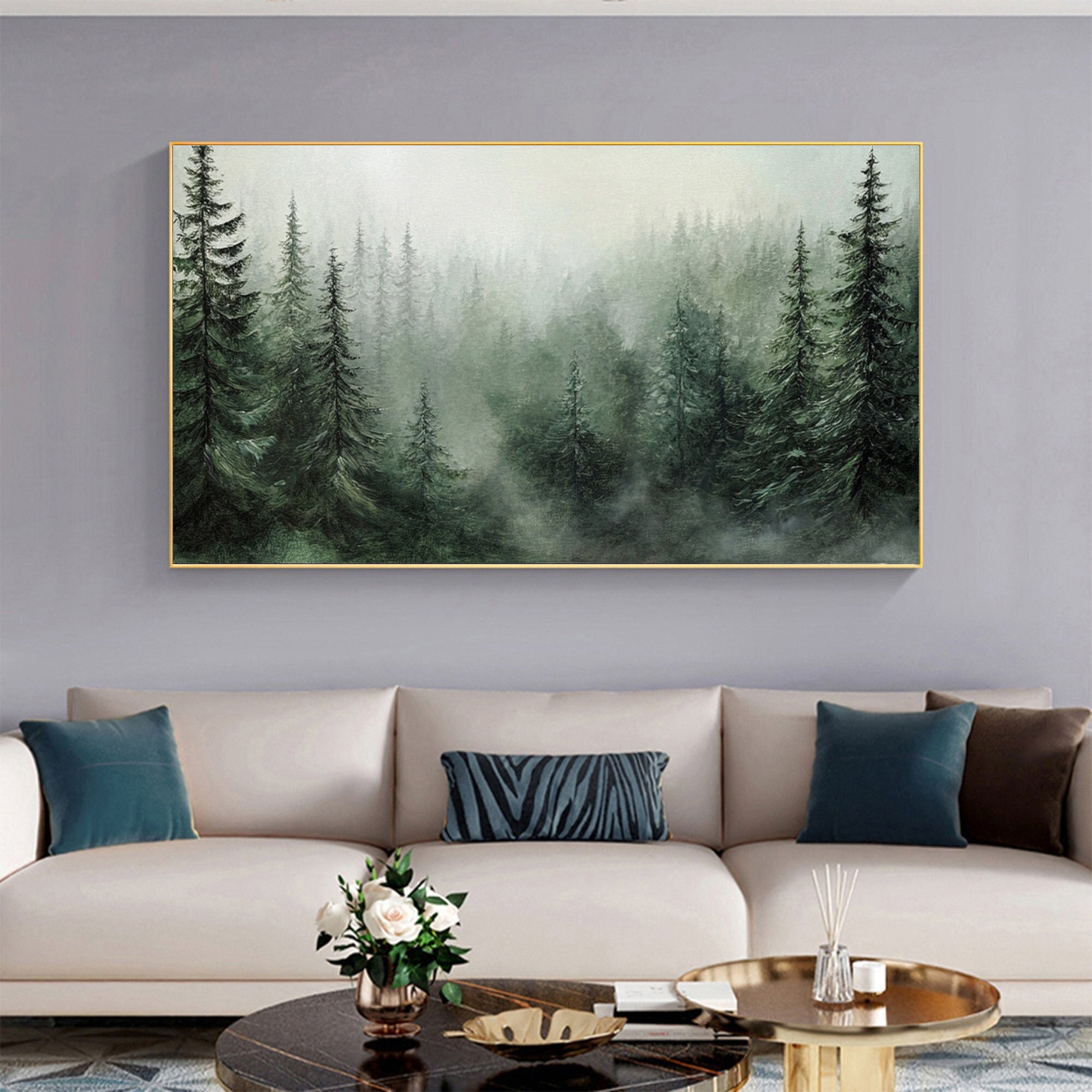 Misty Forest Landscape Painting Tranquil Wall Art for Cozy Interiors #BGM 053