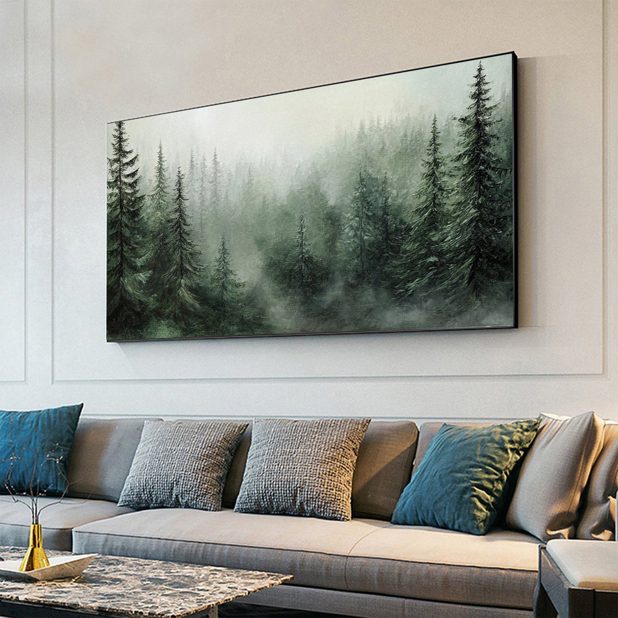 Misty Forest Landscape Painting Tranquil Wall Art for Cozy Interiors #BGM 053
