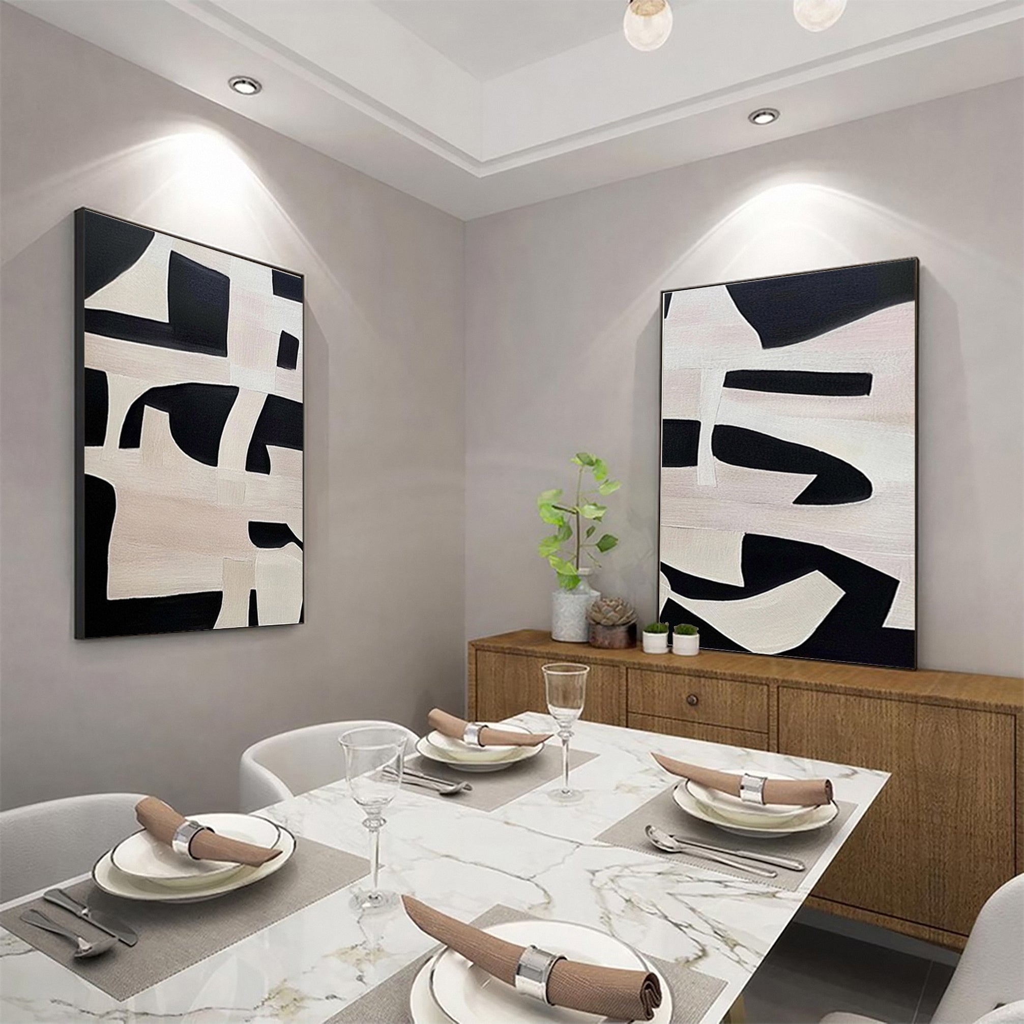 Monochrome Geometry Modern Art Canvas Set Of 2 #BWA 015