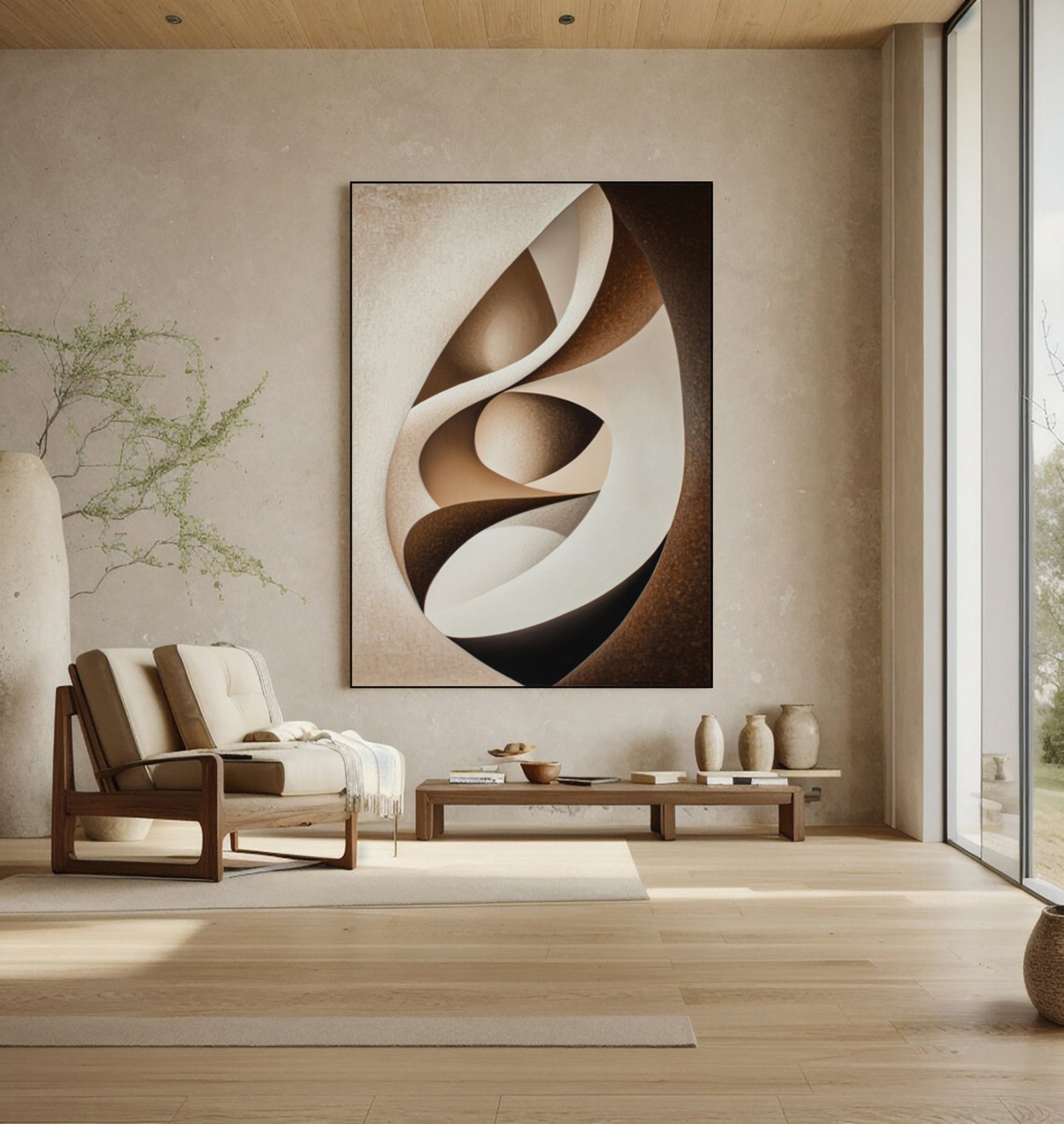Abstract Canvas in Cream and Brown Interplay Within an Oval #BGA 299