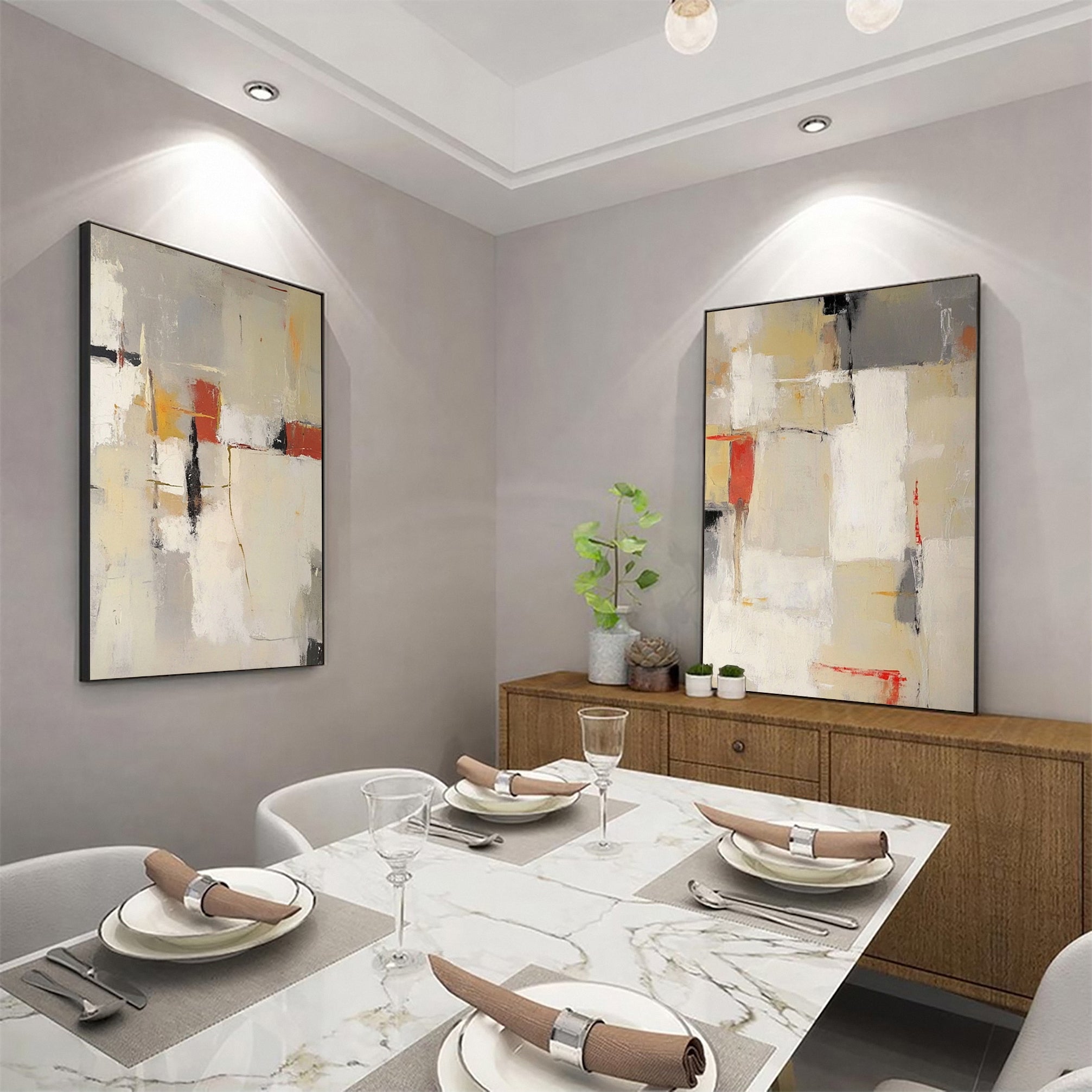 Neutral Palette Abstract Art with Vibrant Accents Canvas Set Of 2 #BBA 087