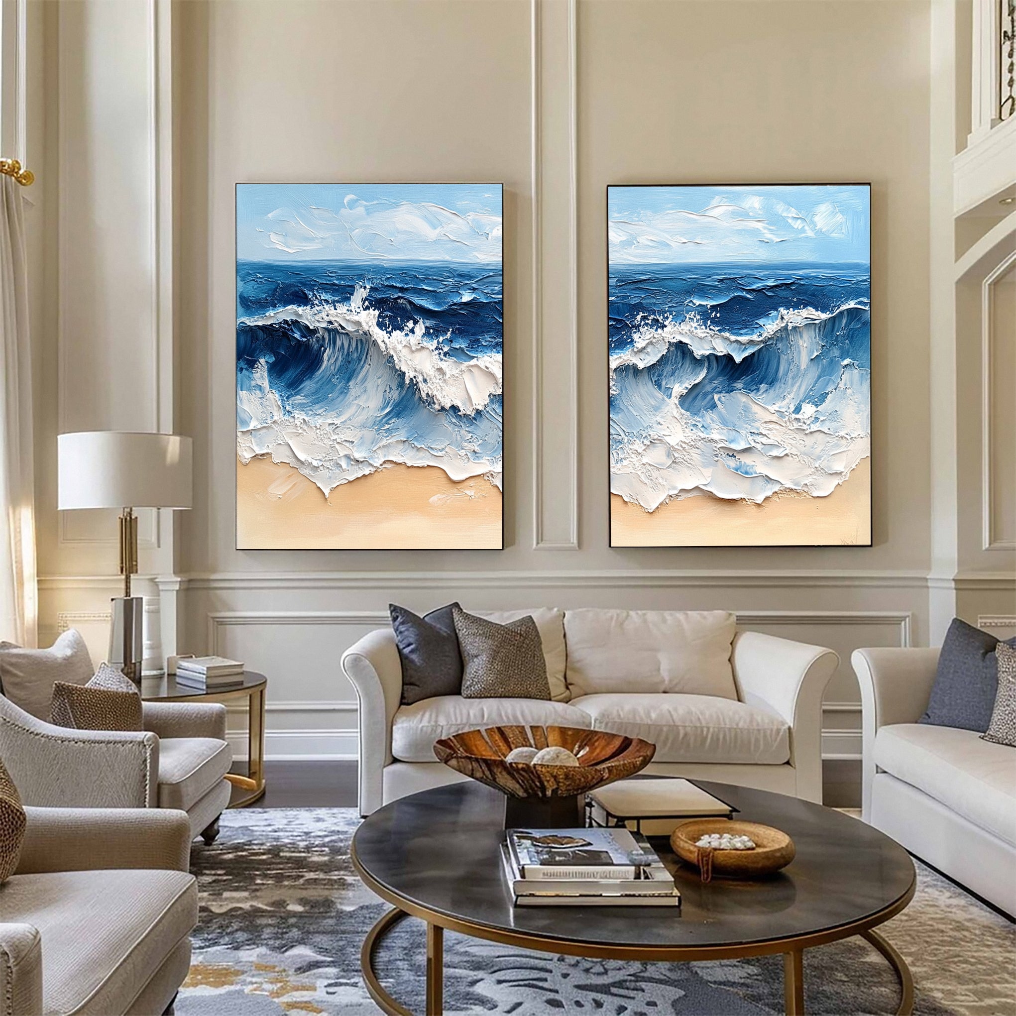 Modern Maritime Canvas Luxurious Textured Ocean Waves Art Set Of 2 #BBS 029