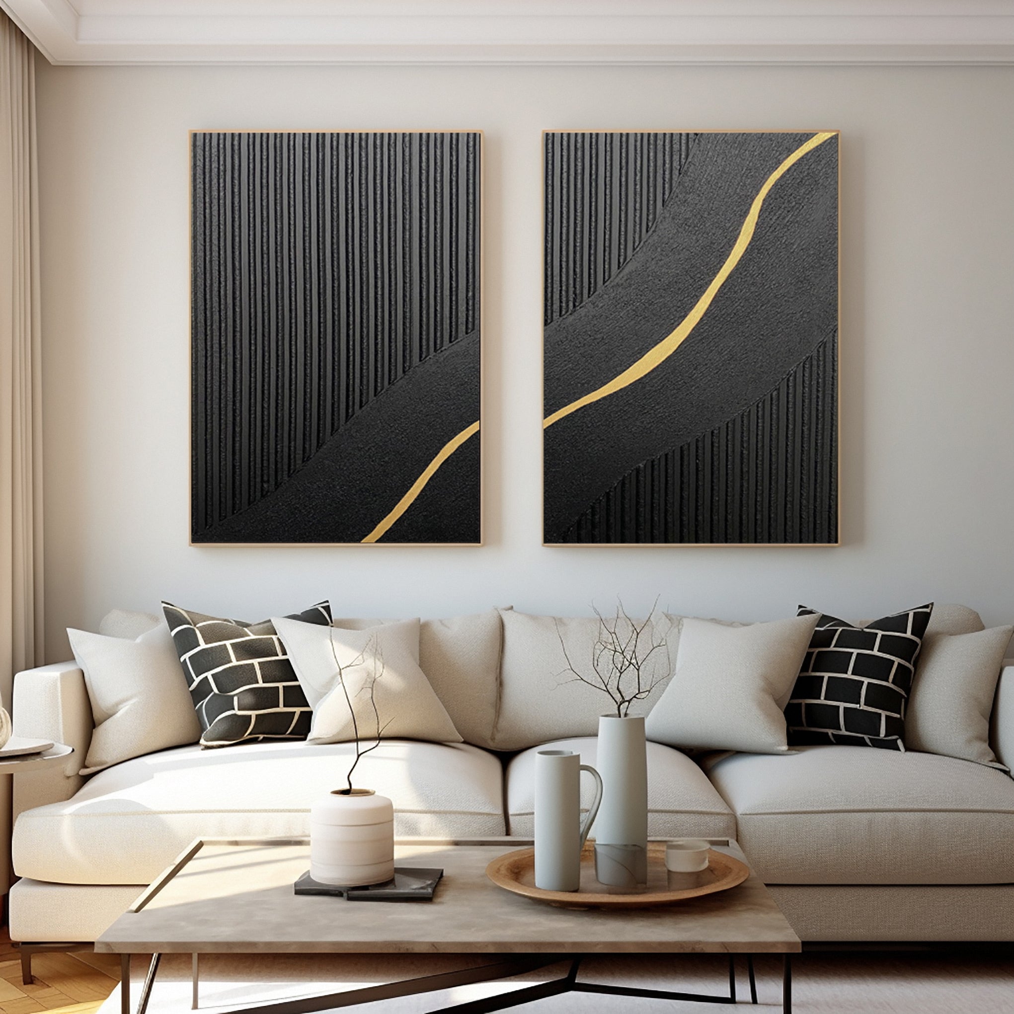 Textured Black Diptych with a Curving Gold Accent Unfurling #BGA 312