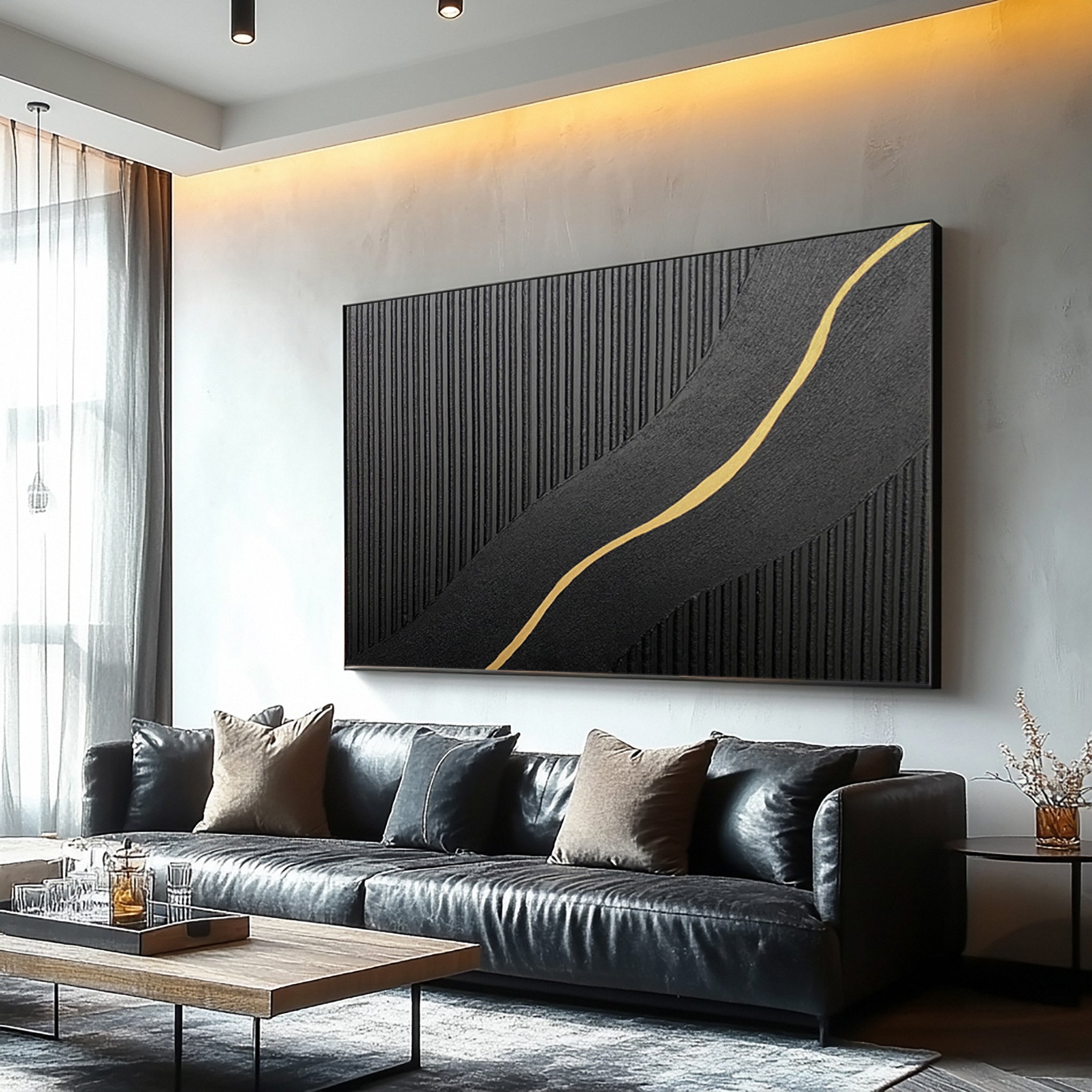 Modern Abstract with Textured Black and Diagonal Gold Gleam #BGA 311