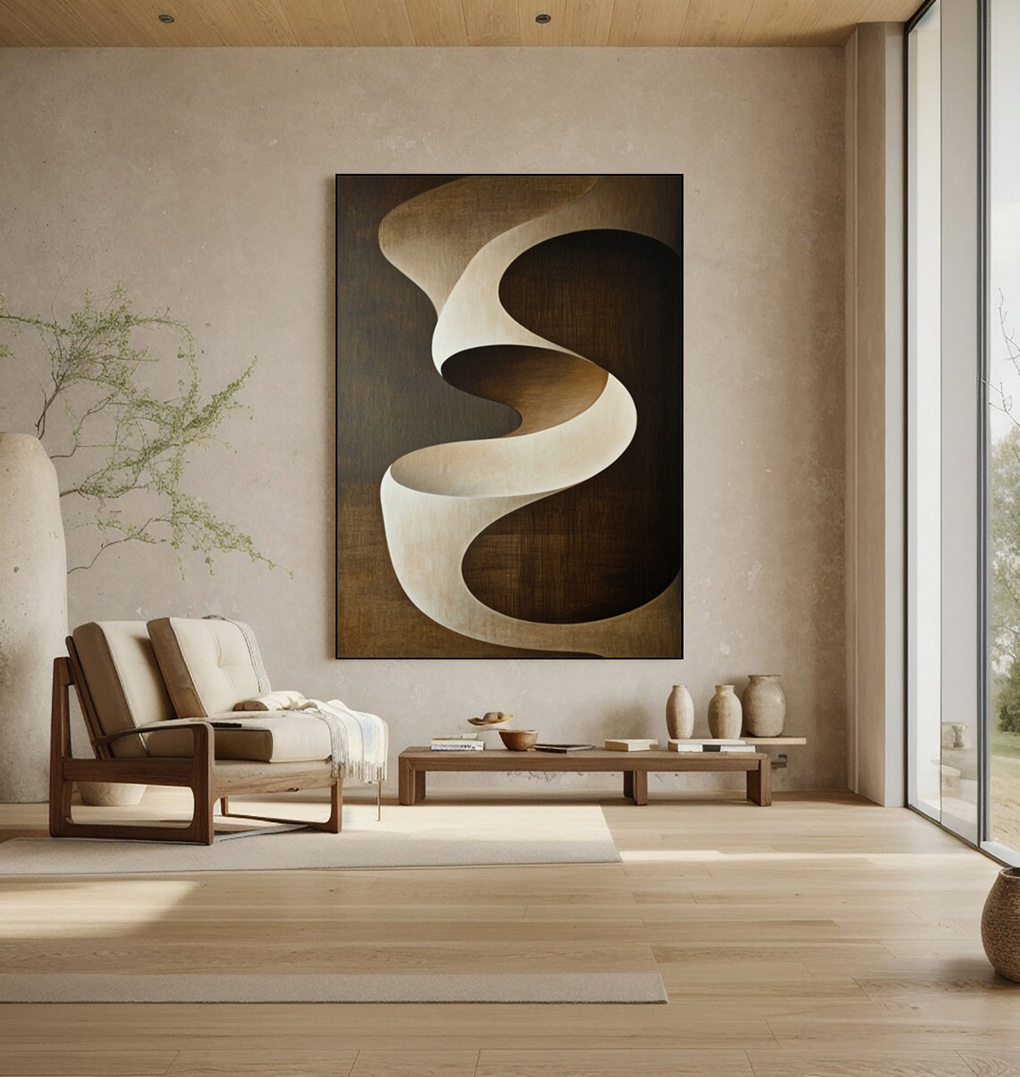 Quiet Motion: Minimalist Abstract with Gentle Brown Swirl #BGA 296