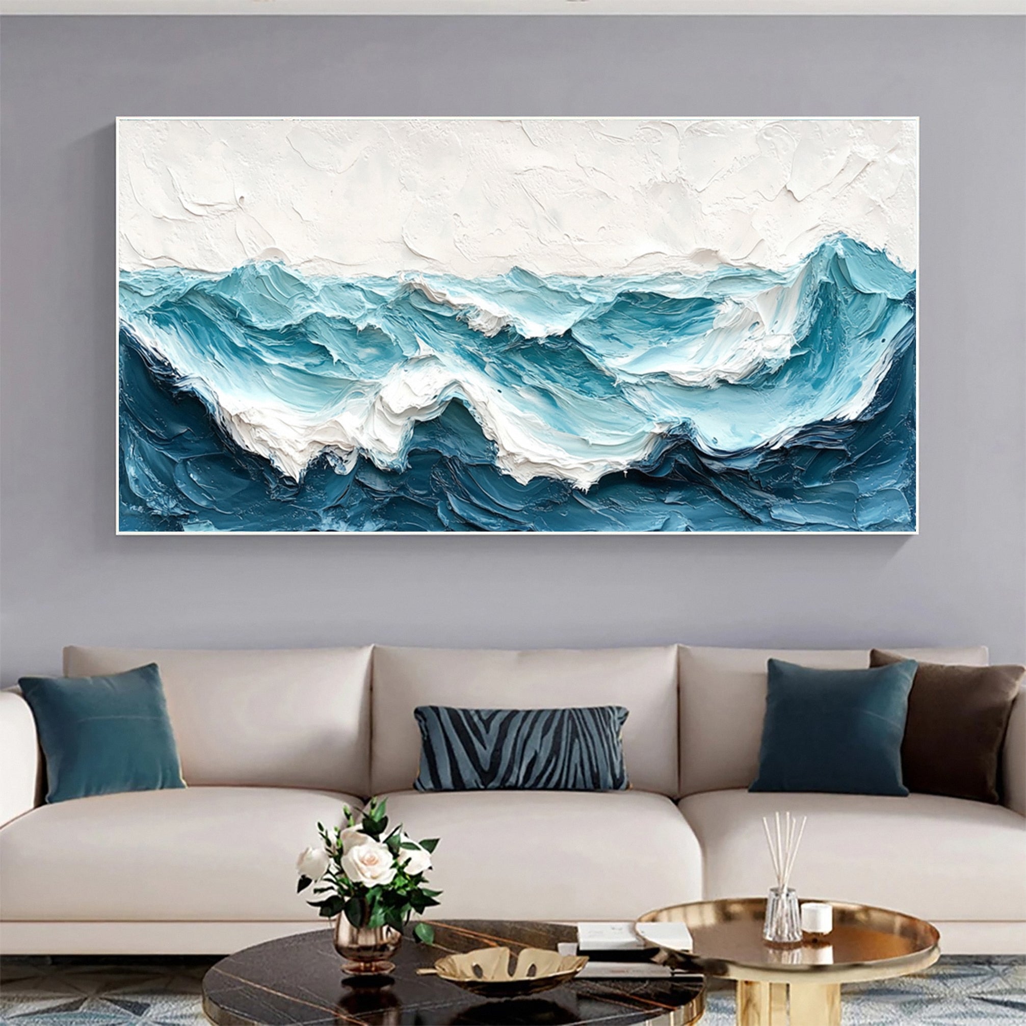 Large Abstract Seascape Canvas Textured Waves for Elegant Interiors #OP 021