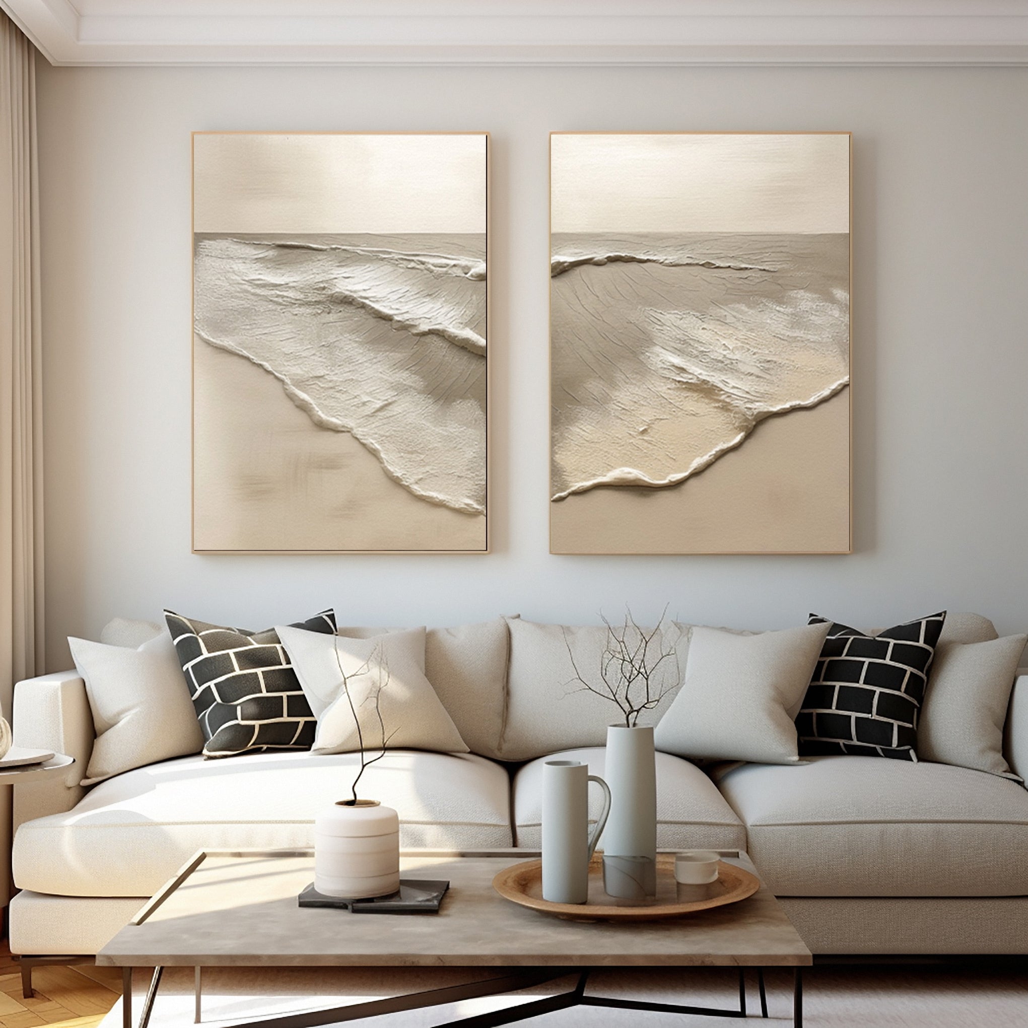 Minimalist Neutral Beach Diptych with Tactile Coastal Forms #BGA 304