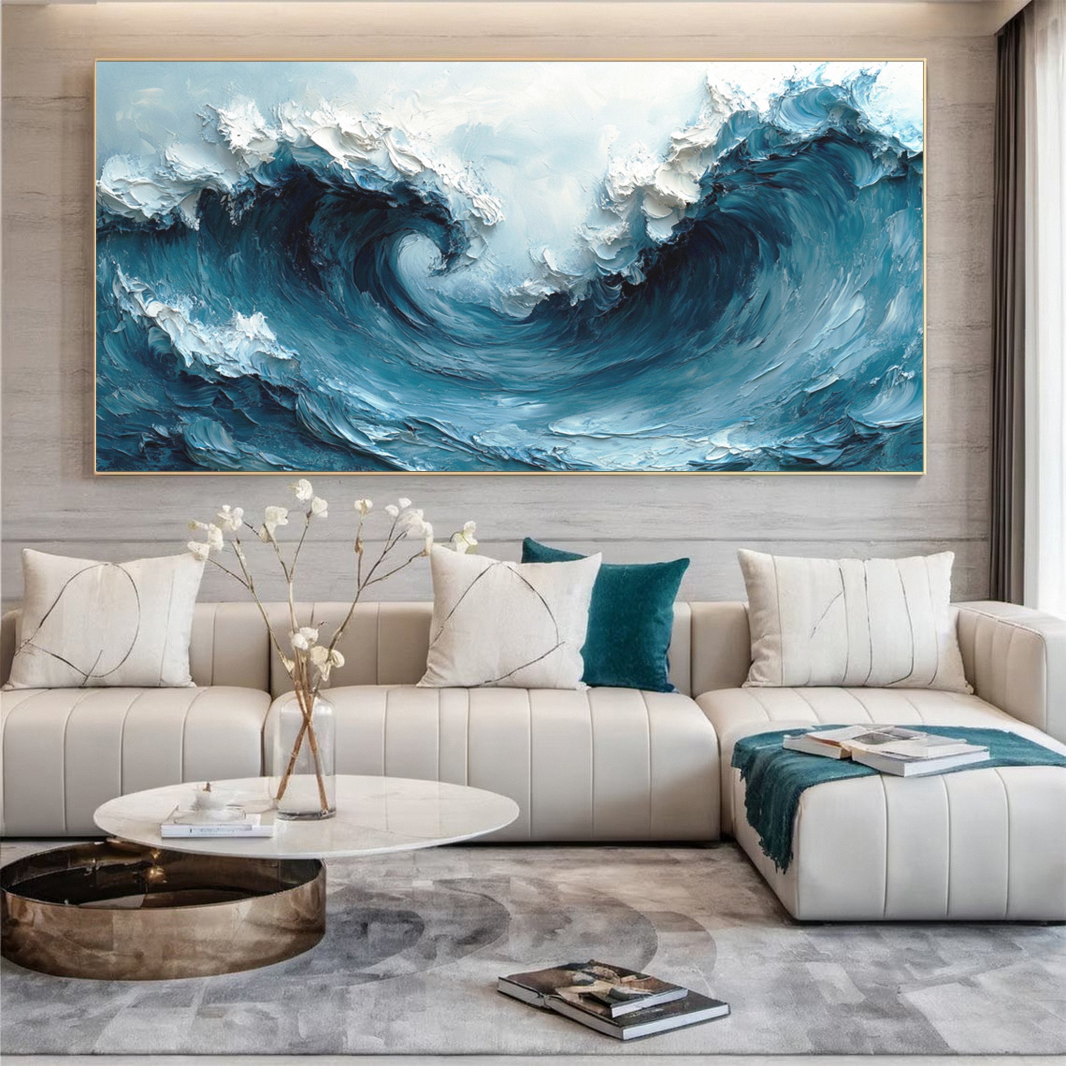 Large Abstract Seascape Canvas Textured Waves for Elegant Interiors #OP 020