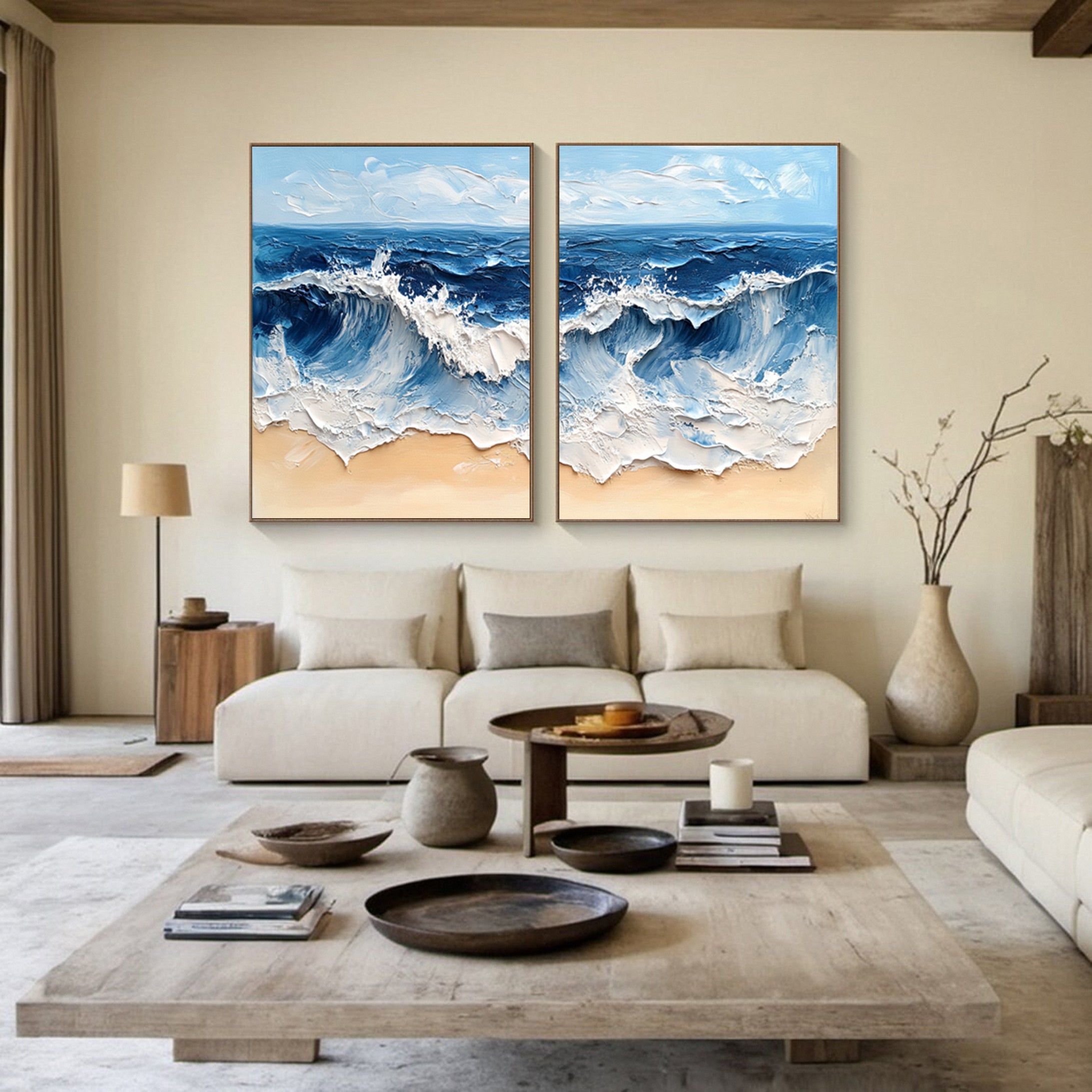 Modern Maritime Canvas Luxurious Textured Ocean Waves Art Set Of 2 #BBS 029