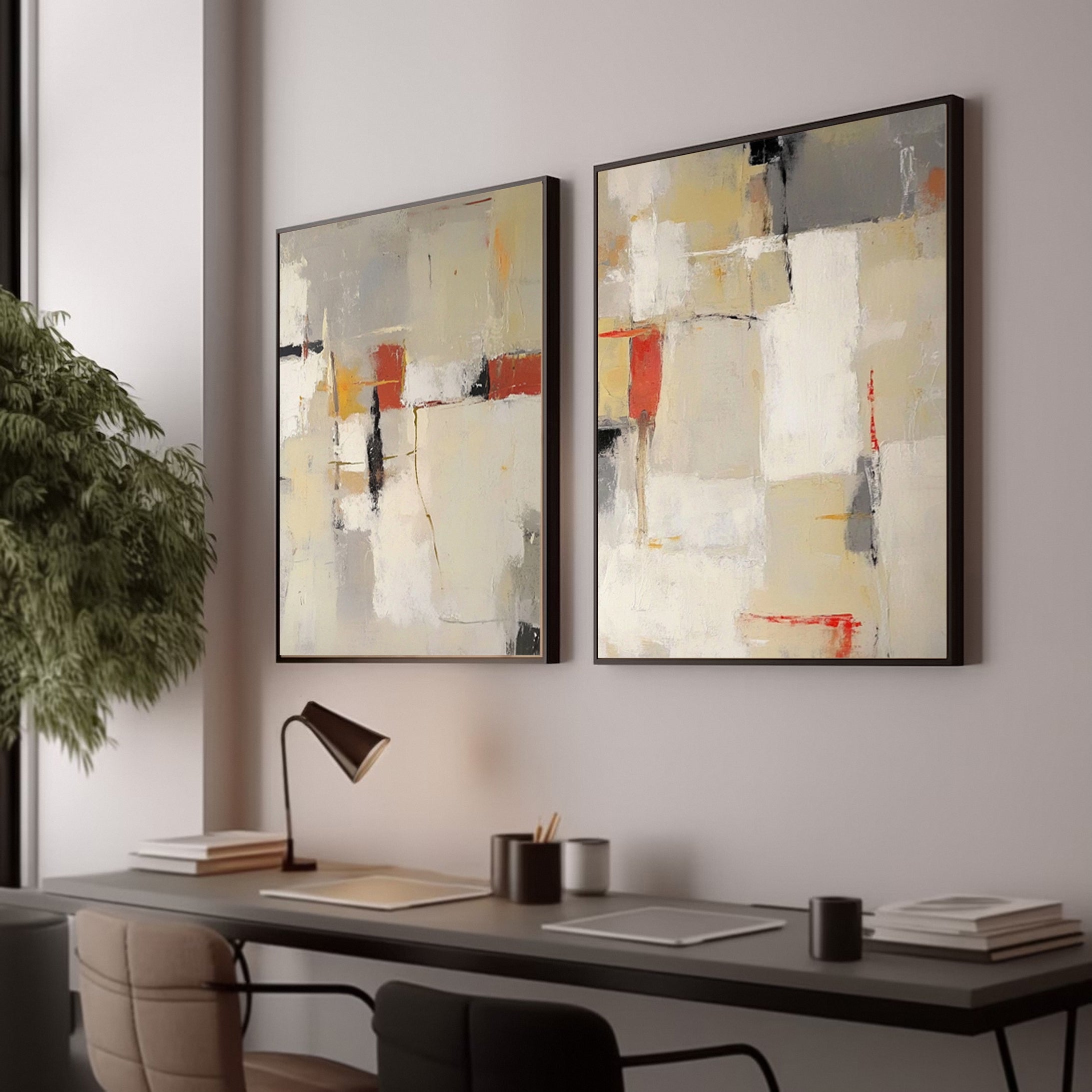 Neutral Palette Abstract Art with Vibrant Accents Canvas Set Of 2 #BBA 087