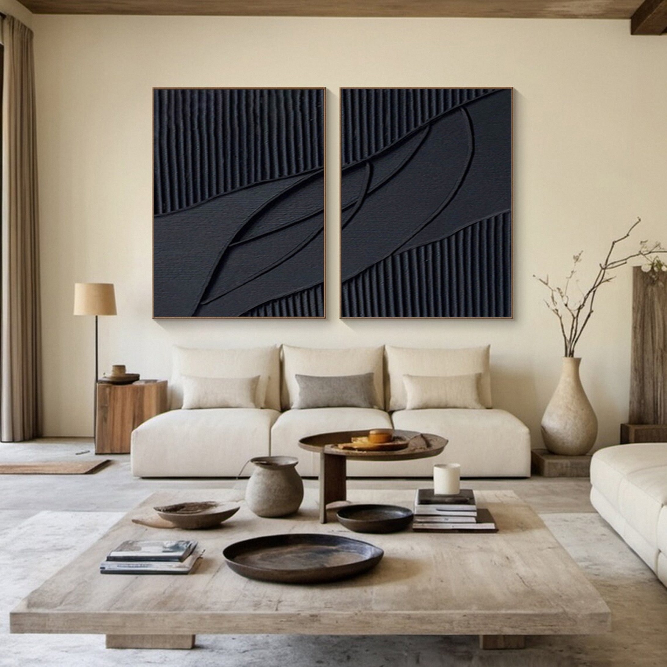 Monochrome Elegance Textured Black Abstract Wall Art Set Of 2 #BMS 009