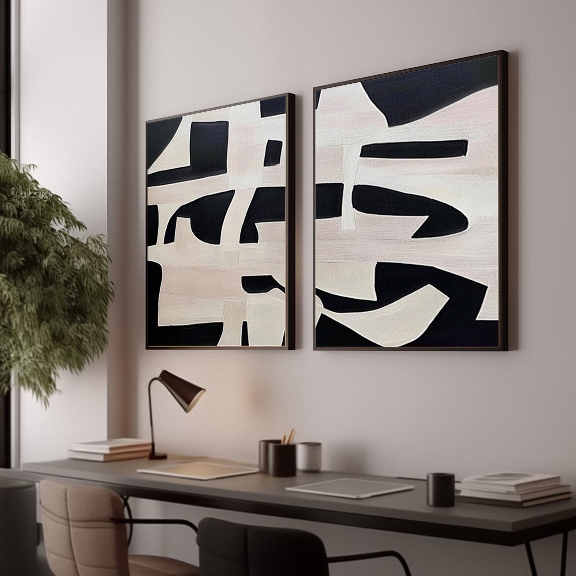 Monochrome Geometry Modern Art Canvas Set Of 2 #BWA 015